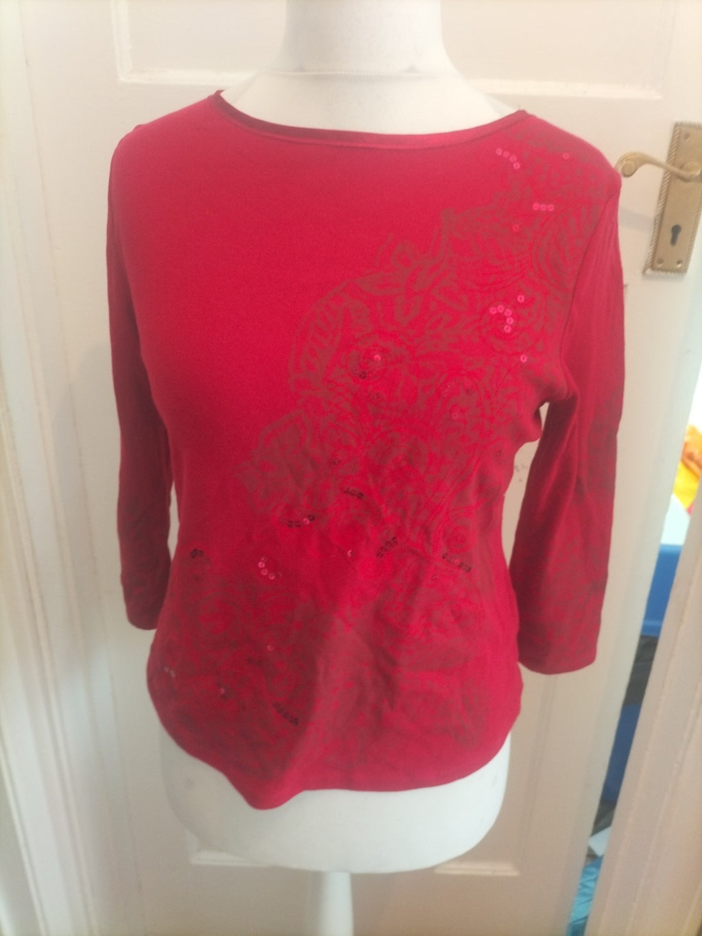 Brand New Marks And Spencer 16 Red Pattern Long Sleeve Blouse