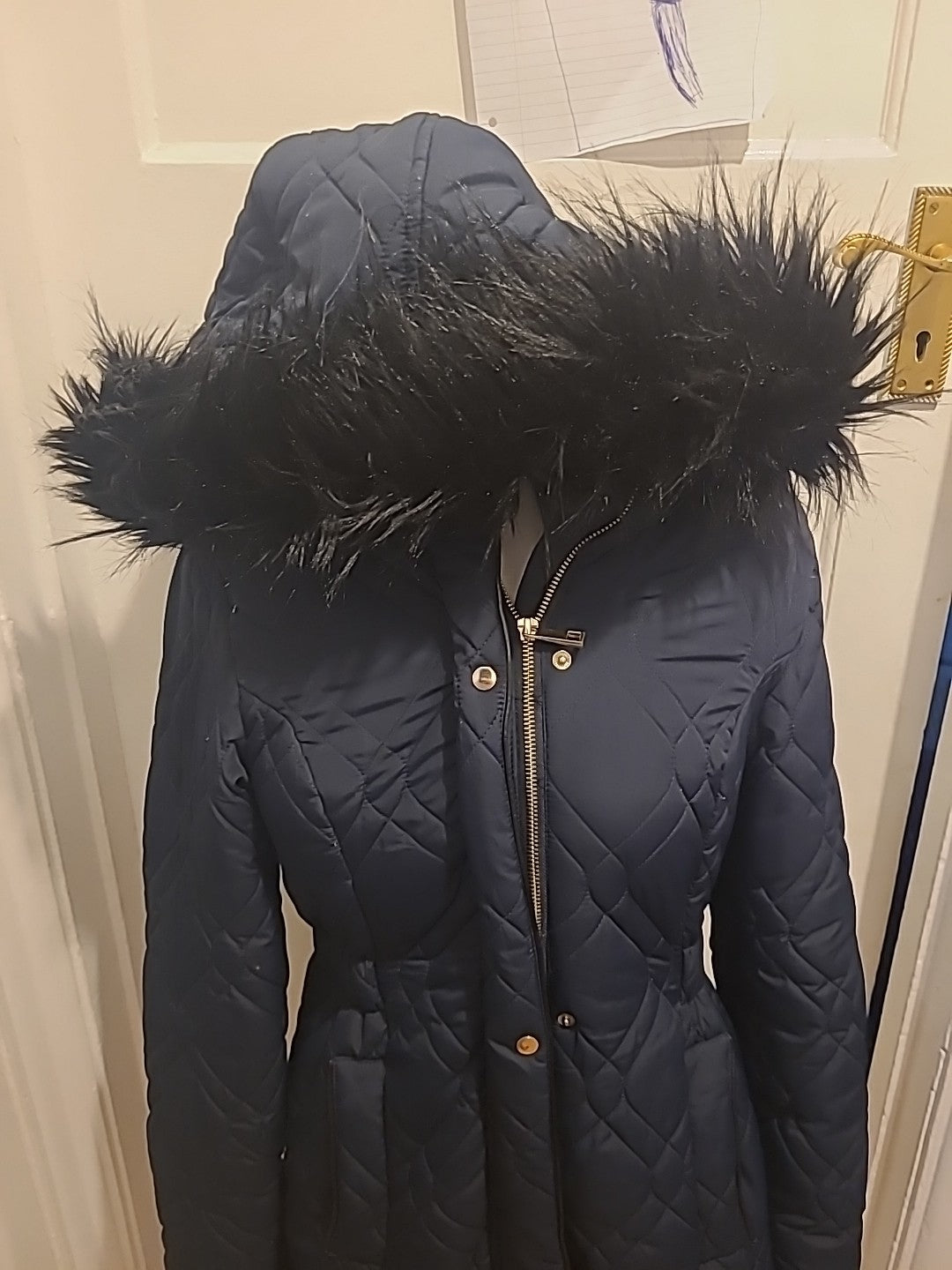 Ladies F&F Size 6 Navy Fleece Lined Faux Fur Coat