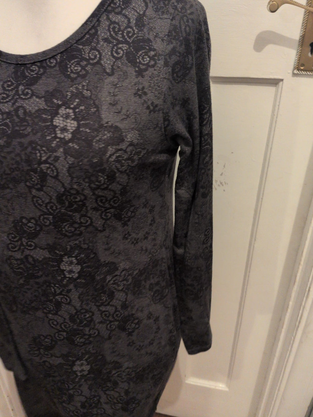 George 14 Black And Grey Floral Pattern Long Sleeve Dress