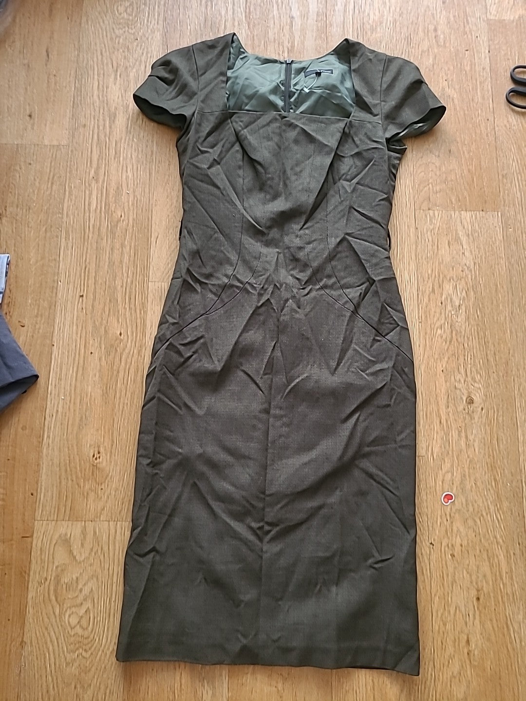 Ladies Next Size 6 Dark Khaki Square Neck Cap Sleeved Dress