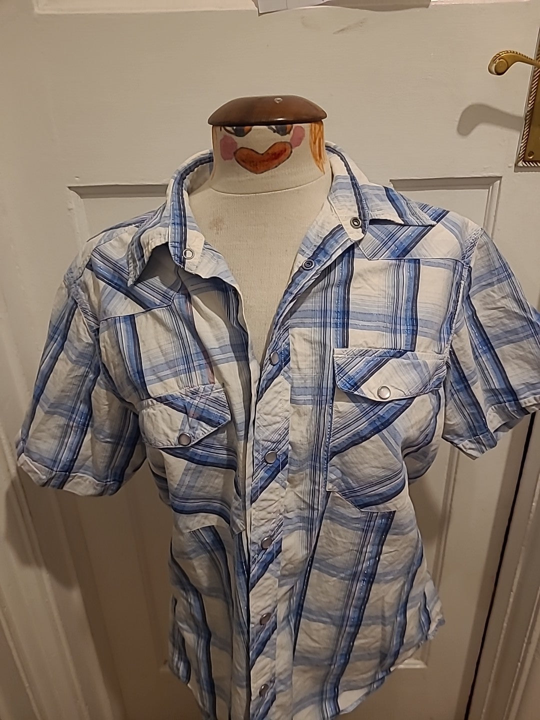 Mens Burton Size Large Blue white Check Short Sleeve Shirt