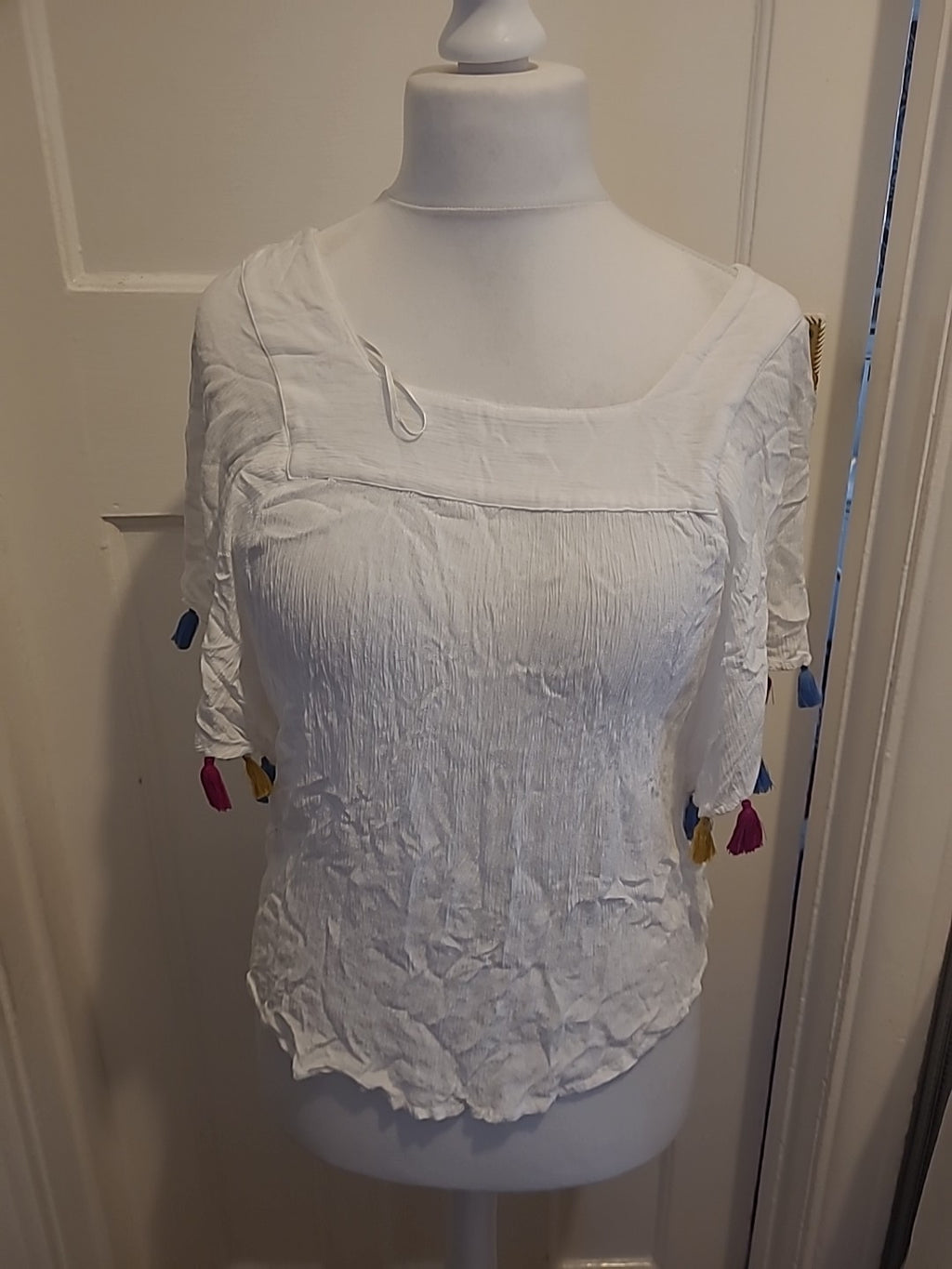 Ladies Tu Size 12 White Tassled Square Neck Blouse