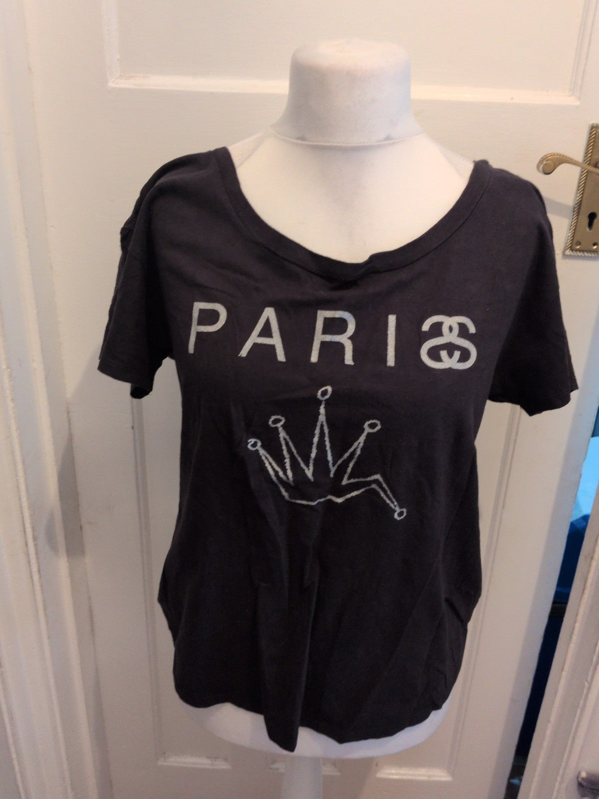 Ladies Medium Black Paris Print Short Sleeve T-shirt