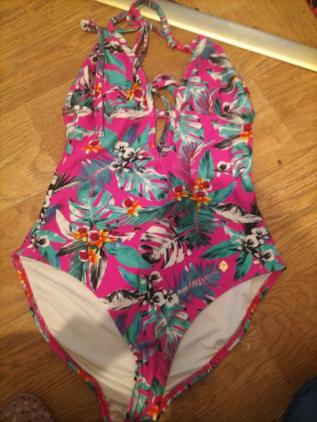 Superdry Tropical Floral Surf Halterneck Swimsuit Fluro Pink Size 10