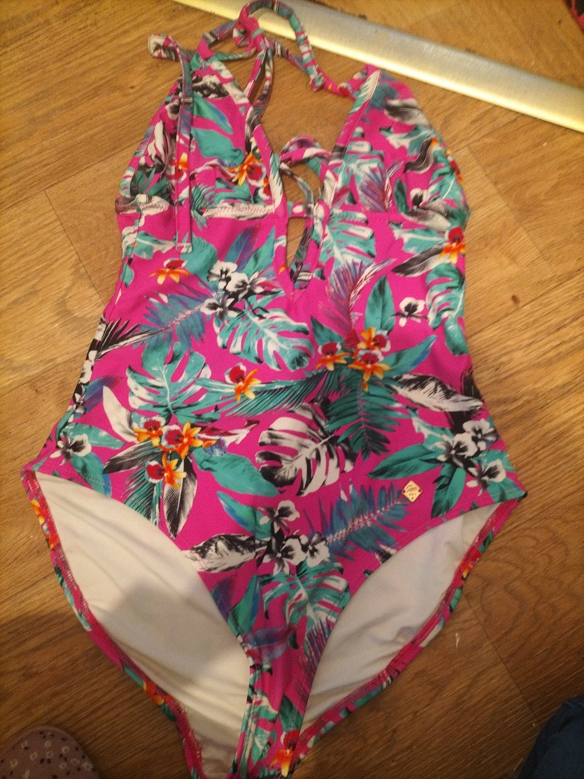 Superdry Tropical Floral Surf Halterneck Swimsuit Fluro Pink Size 10