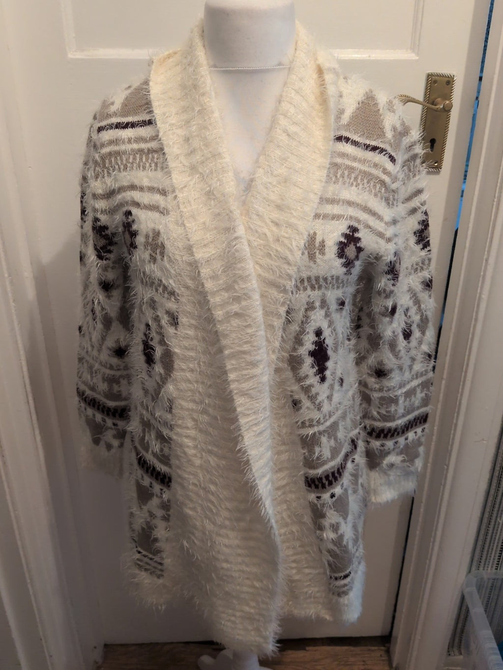 Peacocks Medium Fluffy Beige/Cream/Purple Open Cardigan