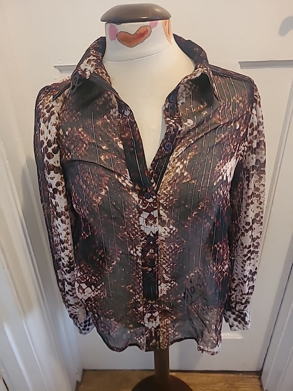 Ladies Next Size 10 Brown Cream See Through Long Sleeved Blouse