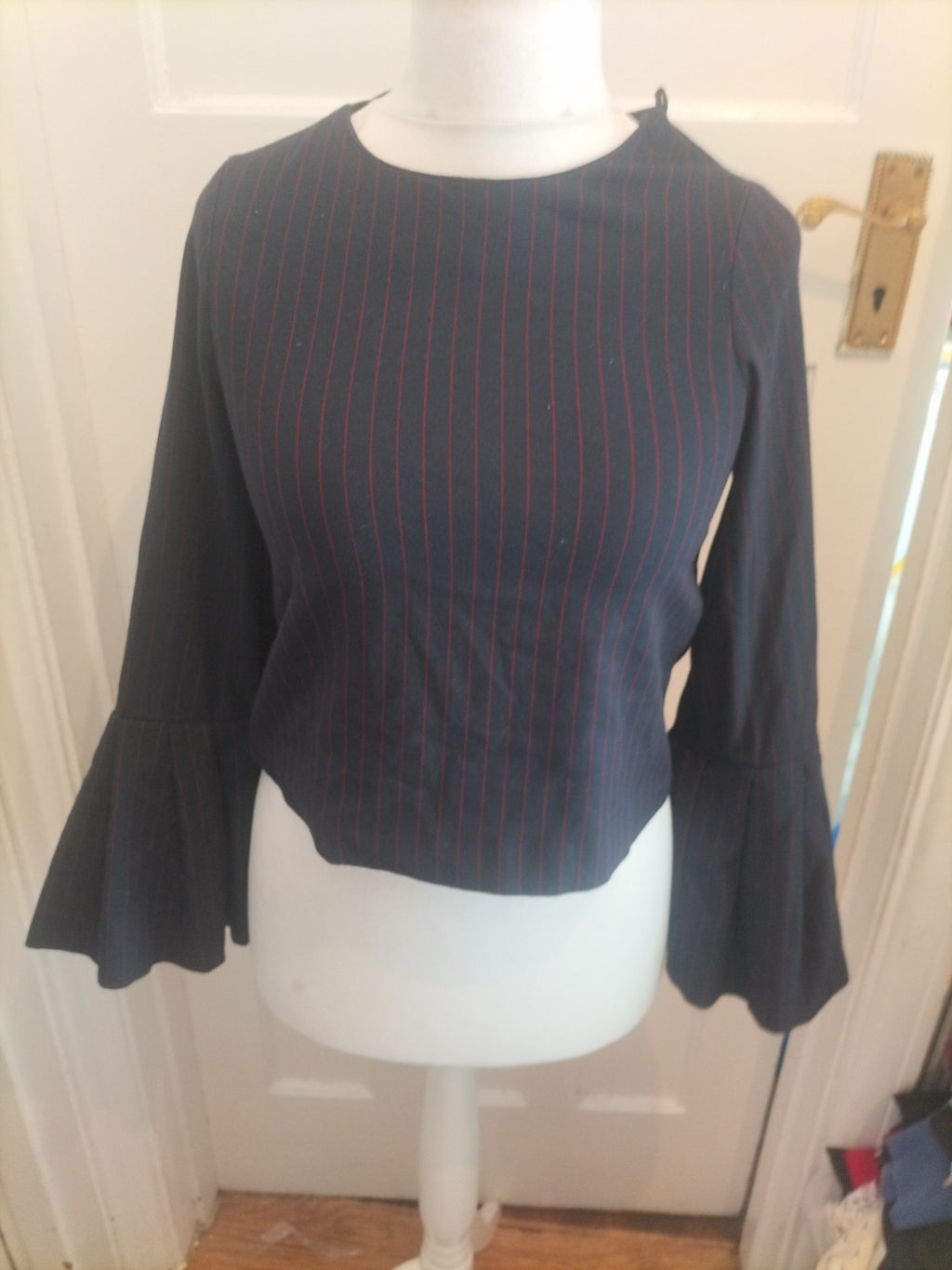 Zara Trafaluc XS Navy And Red Flute Sleeve Blouse
