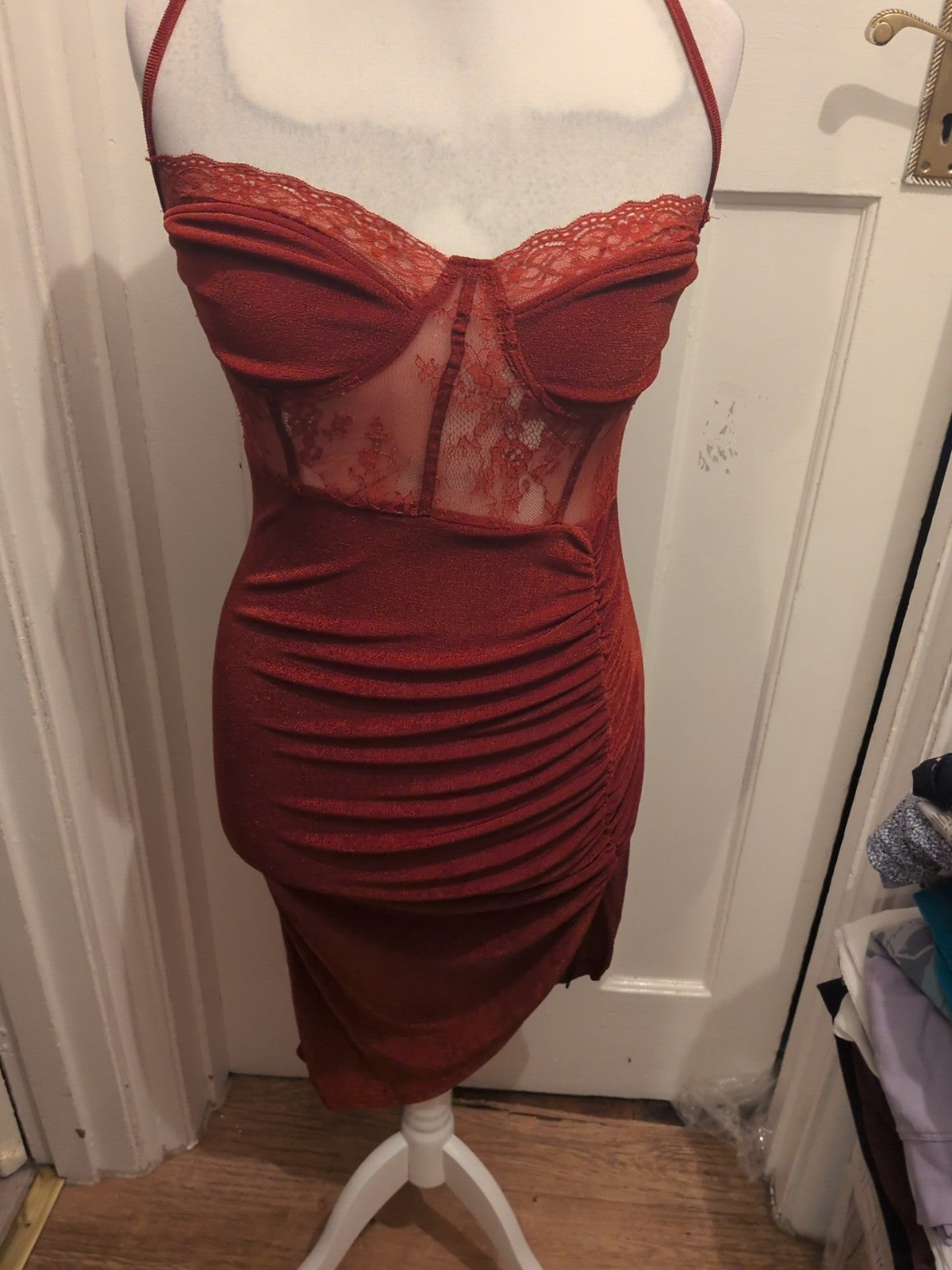 Cider Medium Red Sleeveless Lace Bust Dress Ruched
