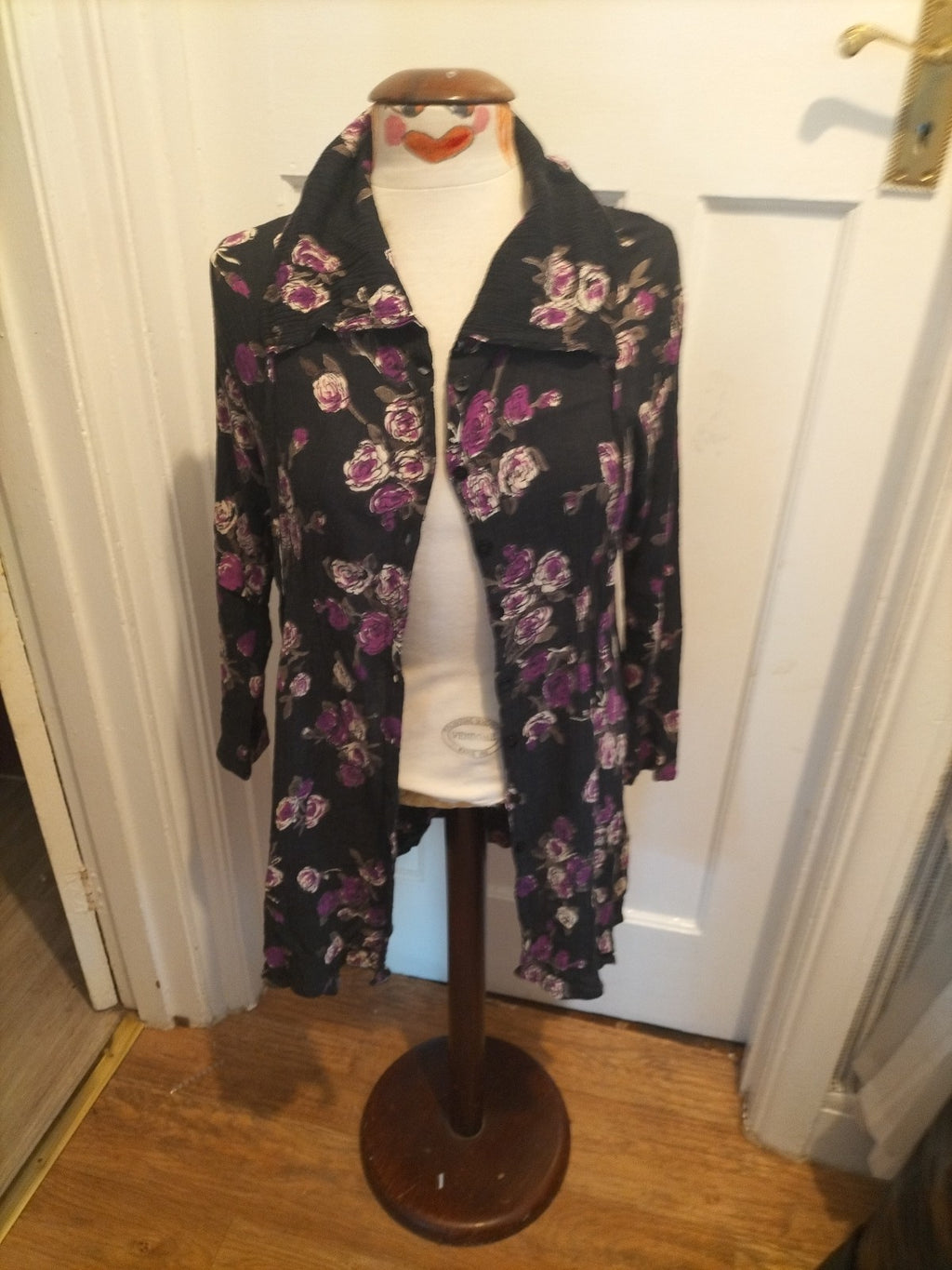 Ladies Masai Size Small Black With Purple Floral Long Sleeved Buttoned Dress