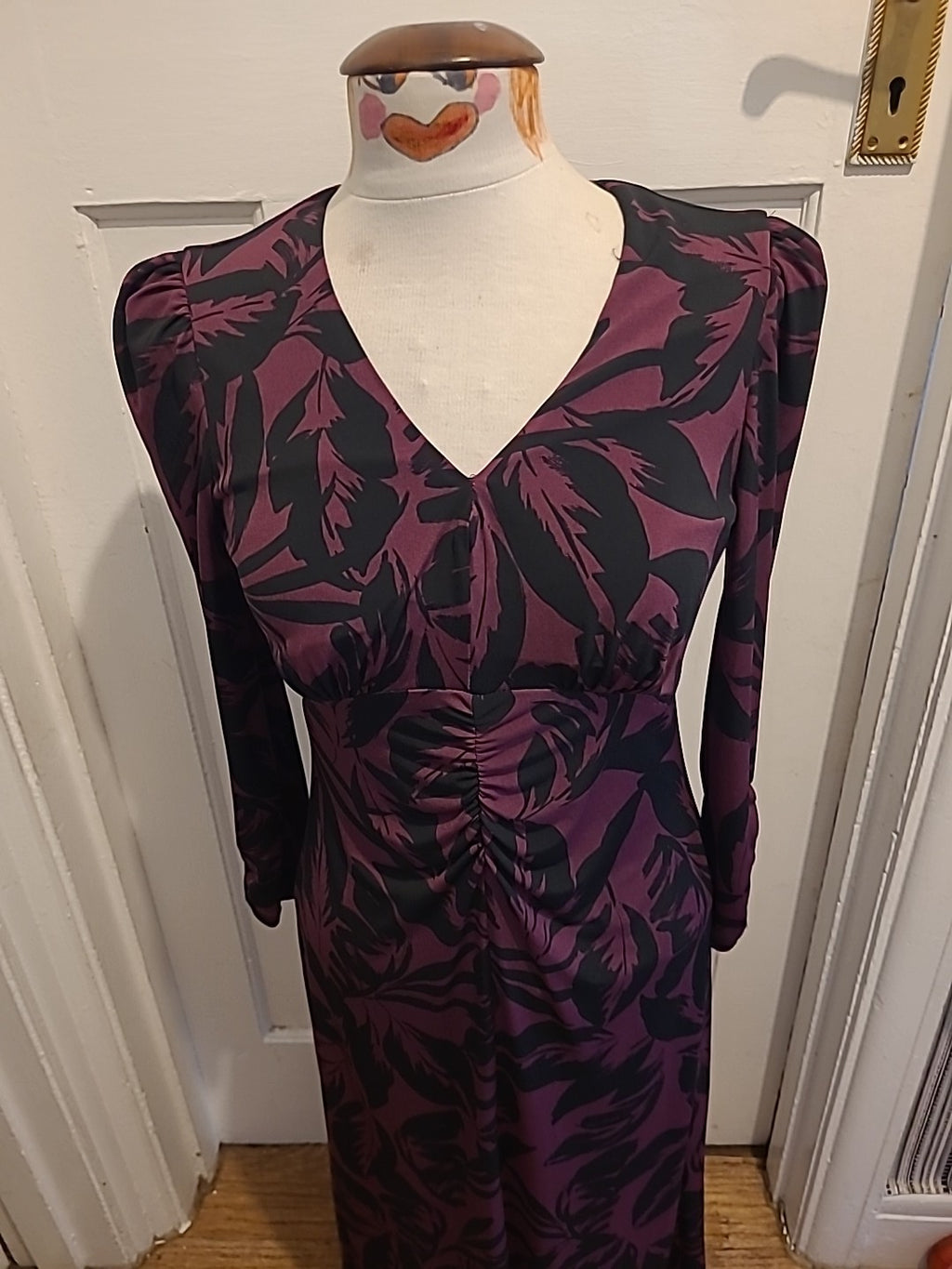 Ladies Roman Size 10 Deep Purple And Black Long Sleeved Dress