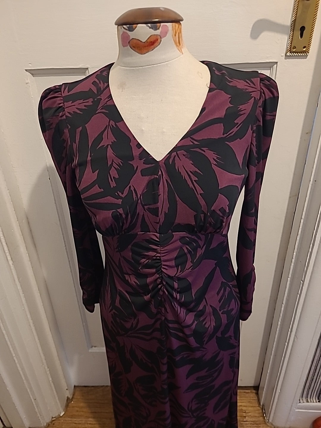 Ladies Roman Size 10 Deep Purple And Black Long Sleeved Dress
