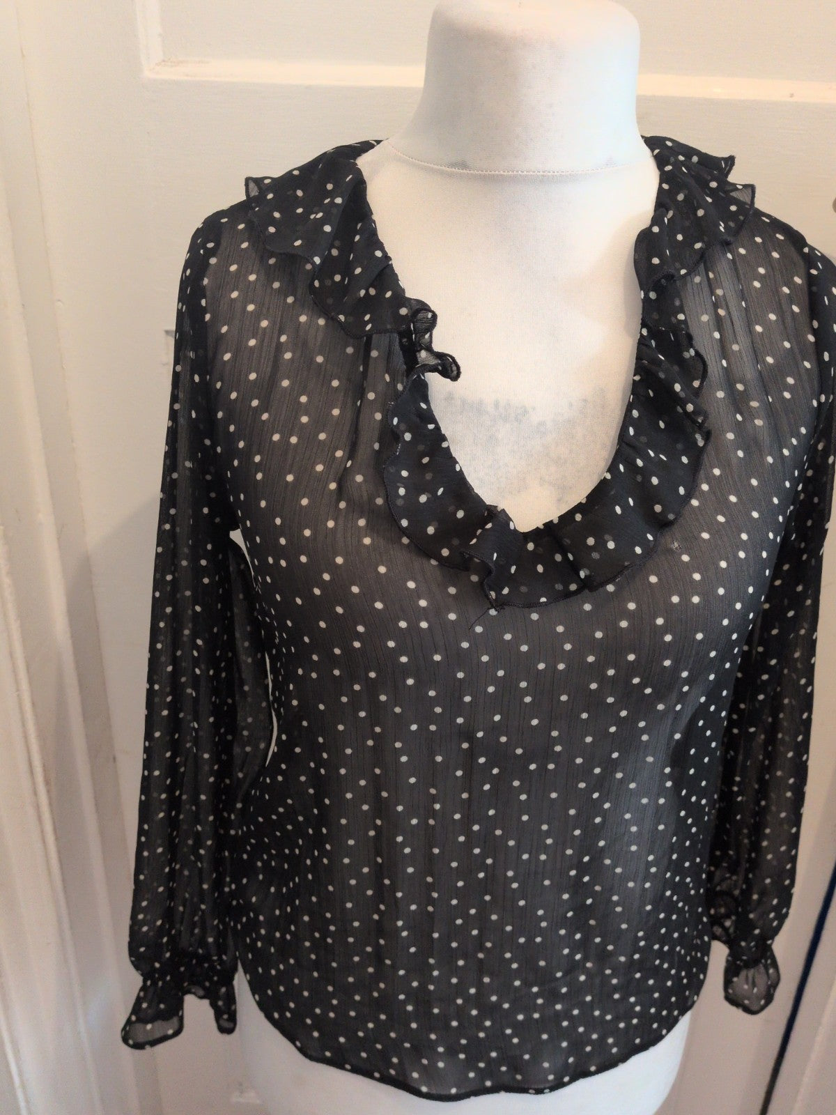 Primark 8 Black And White Spot Long Sleeve See Through Blouse