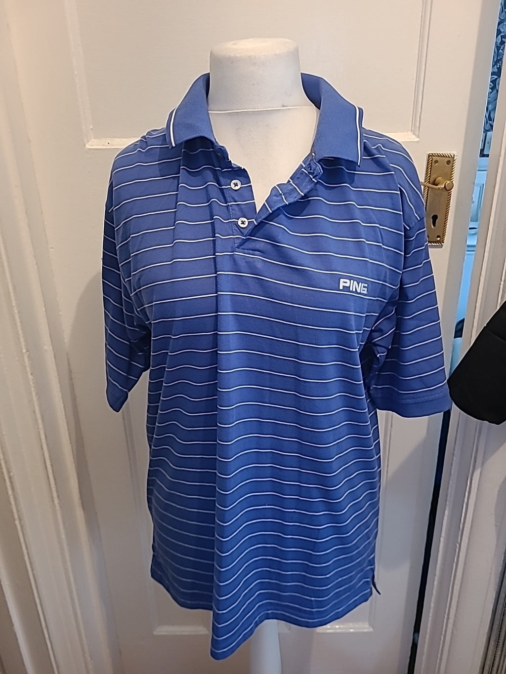 Mens Ping Size Large Blue And White Striped Short Sleeved Polo