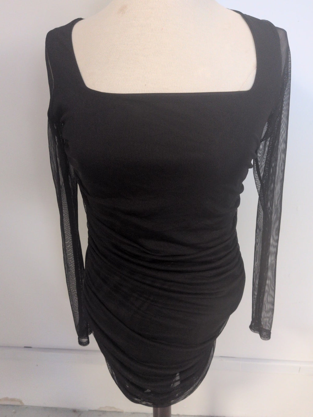 Boohoo 14 Black Mesh Long Sleeve Bodycon Dress