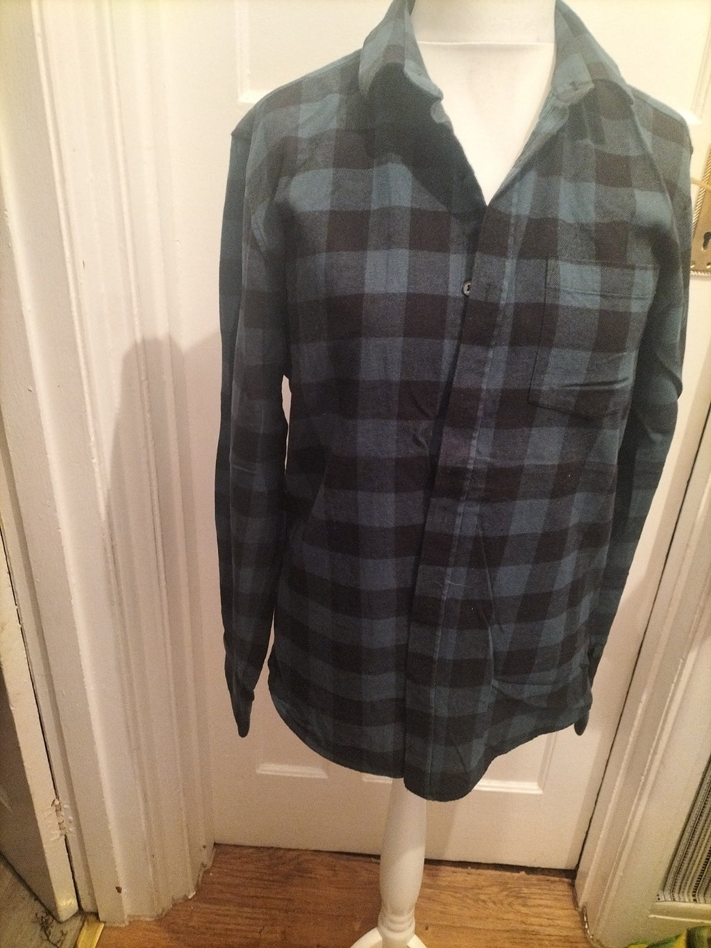 Mens Peacocks Size L Dark Teal Check Long Sleeved Shirt