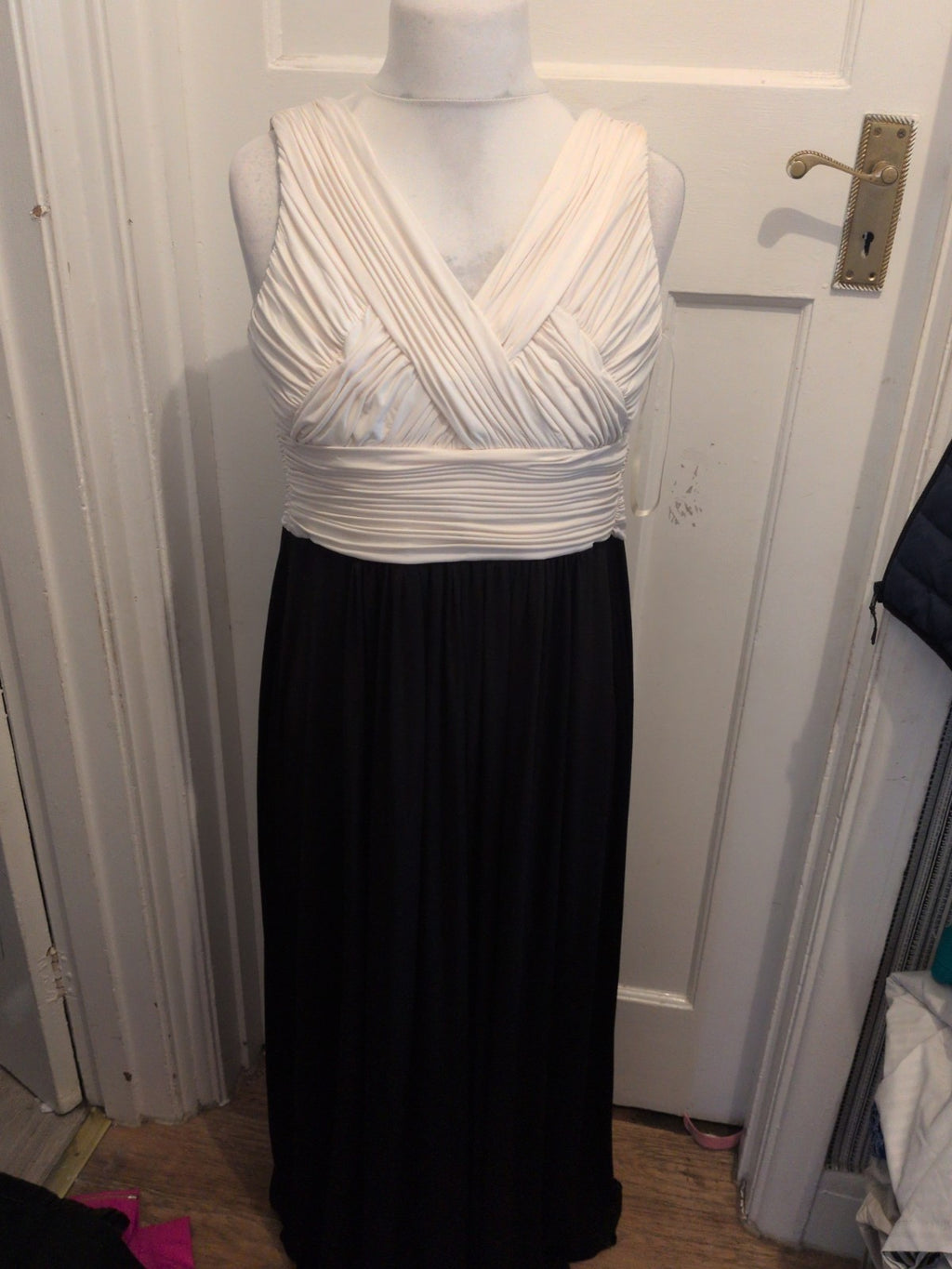 John Lewis 14-16 Cream And Black V Neck Ruffle Sleeveless Long Length Dress