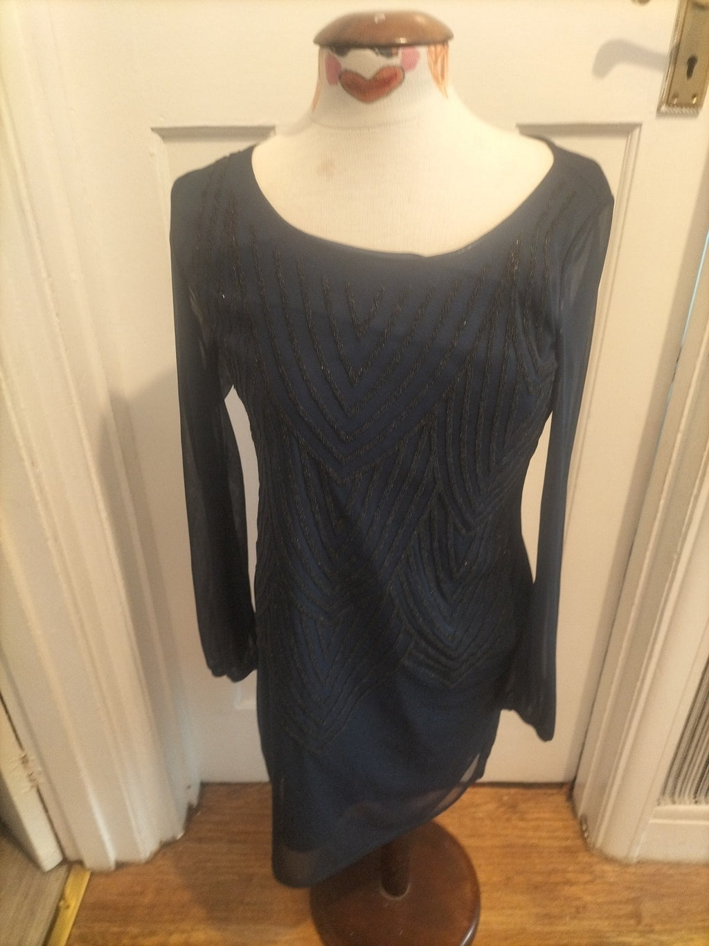 Ladies Bhs Size 10 Navy Long Sleeved Detailed Chest Dress