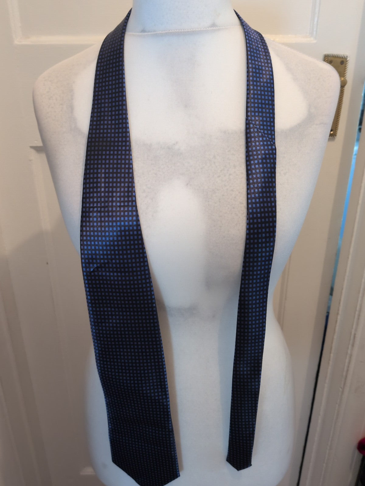 Black With Blue Square Pattern Hand Made Tie
