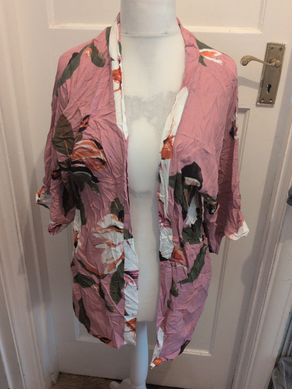Large Pink Floral Short Sleeve Open Blouse