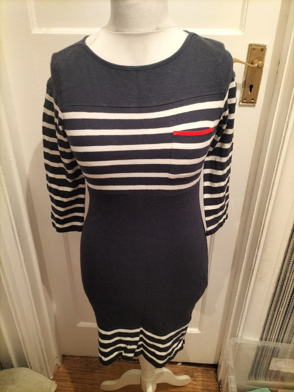 Ladies Crew Clothing Size 8 Navy Striped Long Sleeve Dress