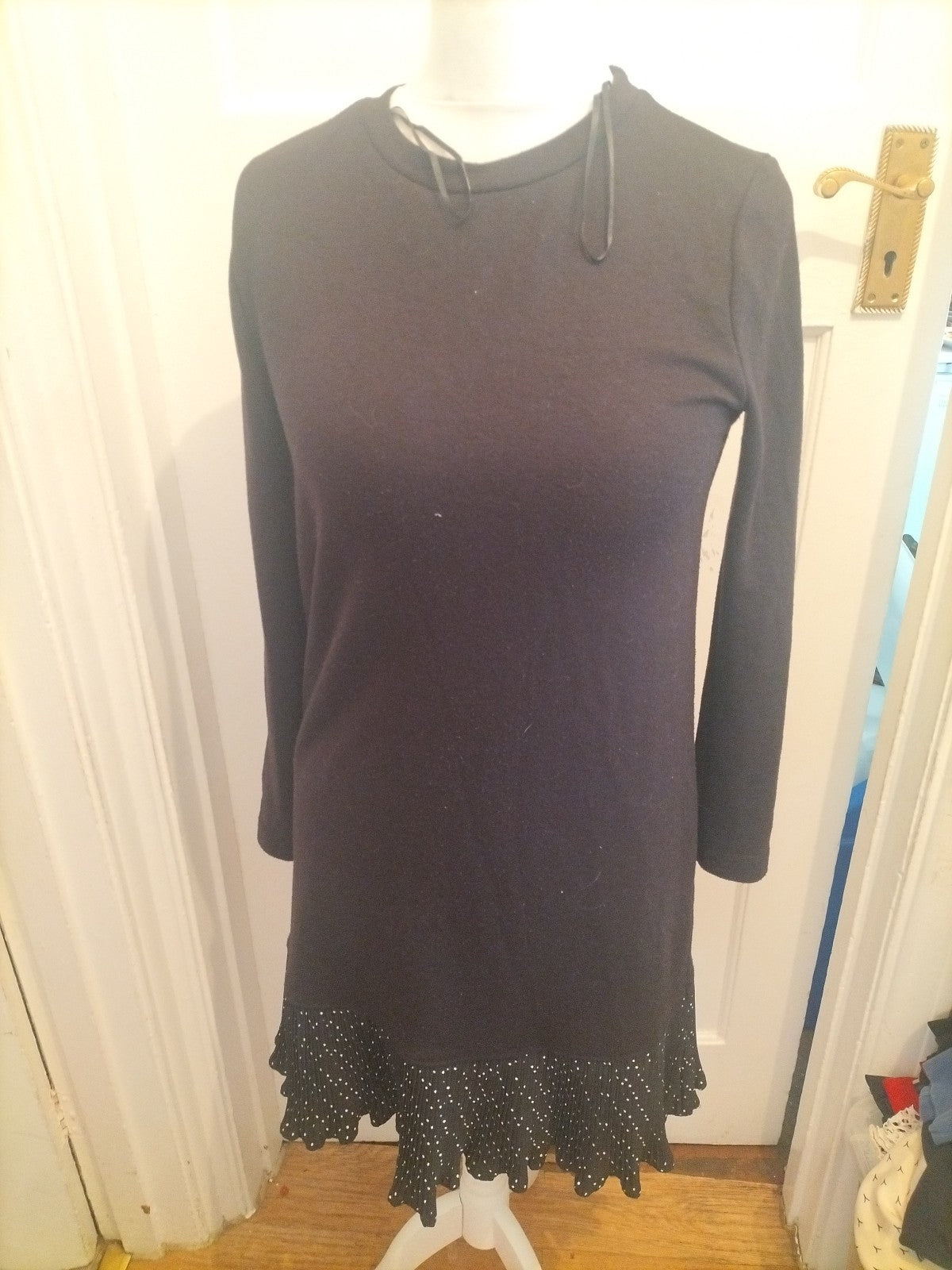 Tu Woman 12 Black Long Sleeved Long Length Dress With Polkadot Hem