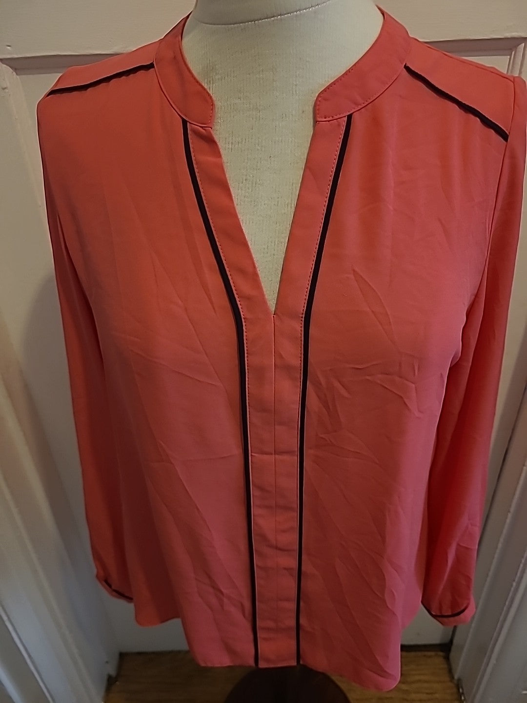 Ladies Primark Size 10 Pink With Black Trim Long Sleeved Blouse