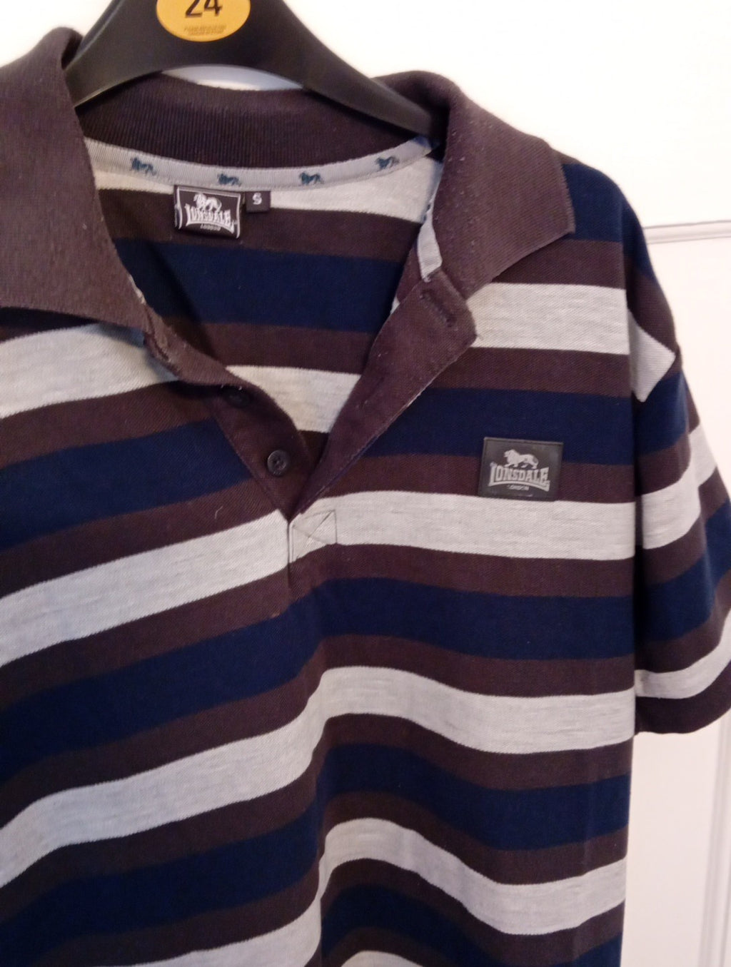 Mens Polo Top Lonsdale Size Small Brown/ Blue Striped