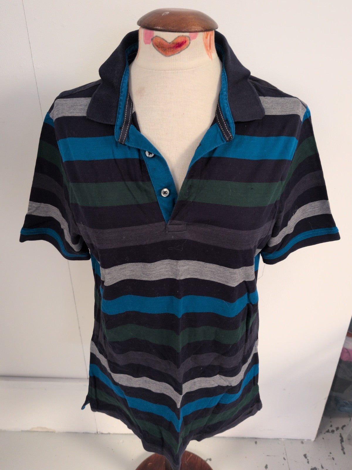 Blue Harbour Medium Green/Navy/Grey Stripe Short Sleeve Polo