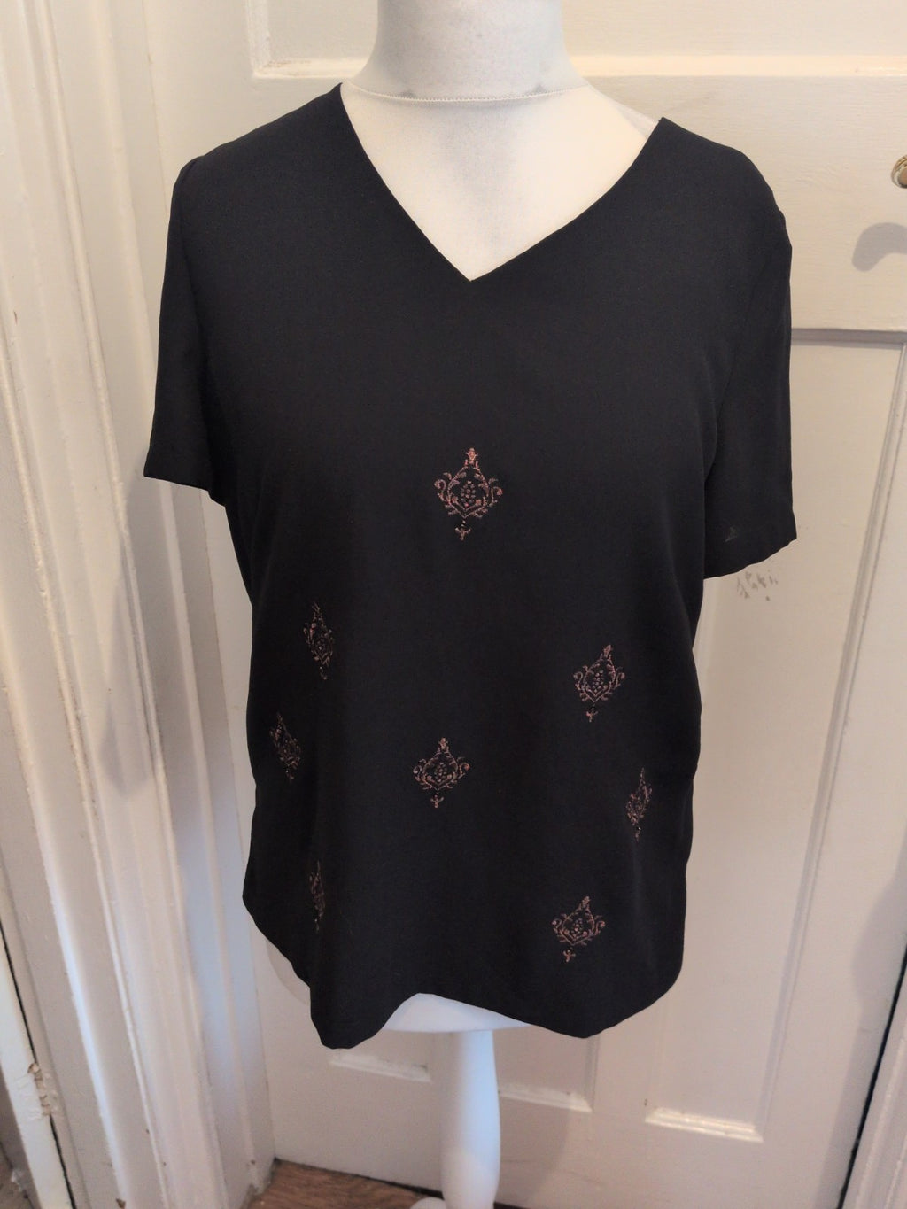 Jacques Vert 14 Black And Brown Short Sleeve Lined Blouse