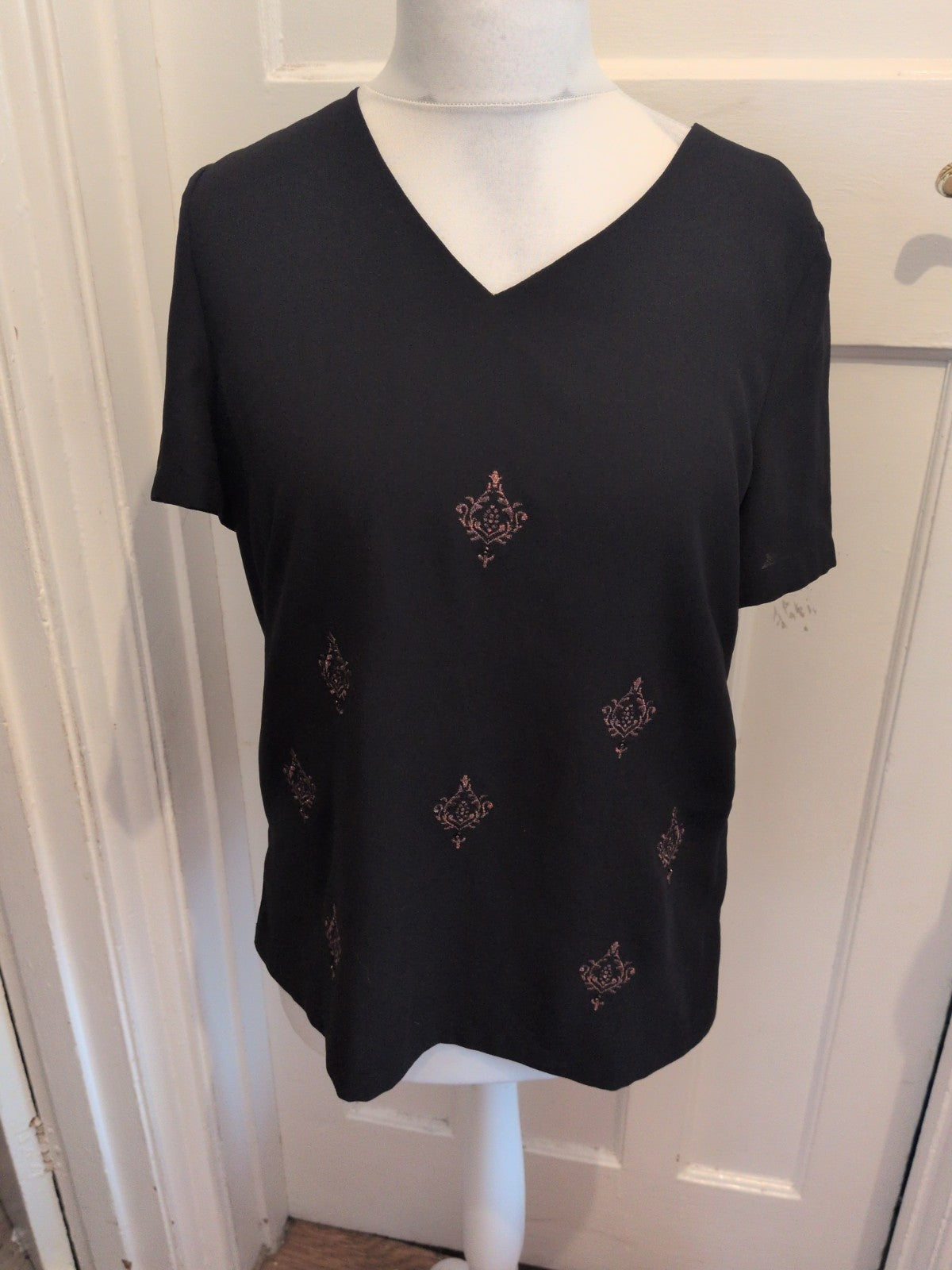 Jacques Vert 14 Black And Brown Short Sleeve Lined Blouse
