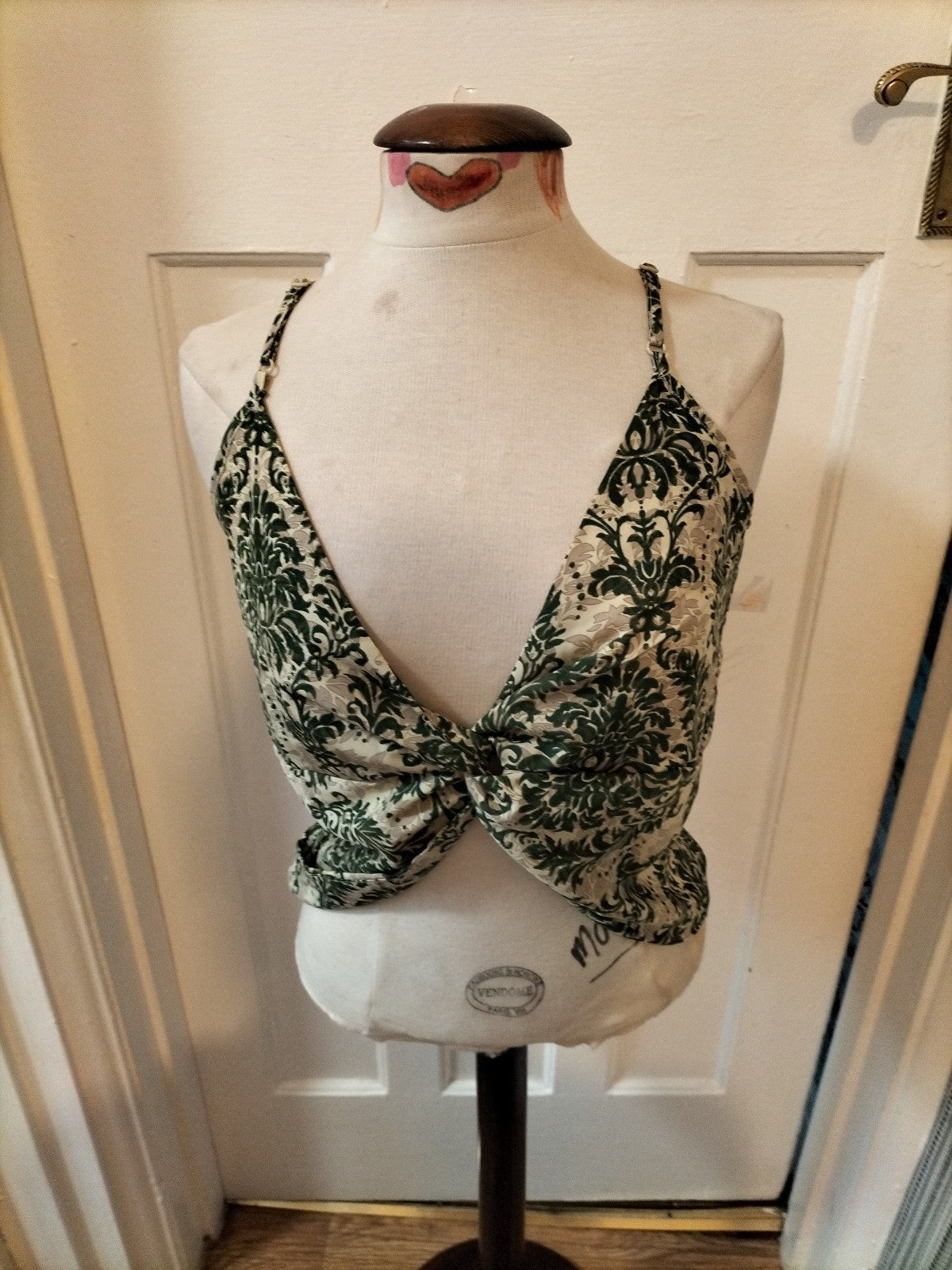 Ladies Shein Size Small Green/Grey/White Knot Detail Sleeveless Blouse