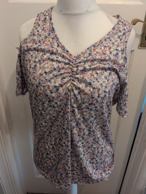 2XL Purple Floral Open Shoulder Short Sleeve Blouse