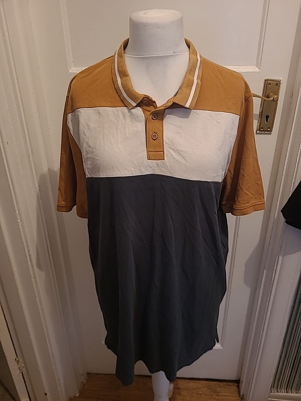Mens Livergy Size Xl Brown/White/Navy Short Sleeved Polo