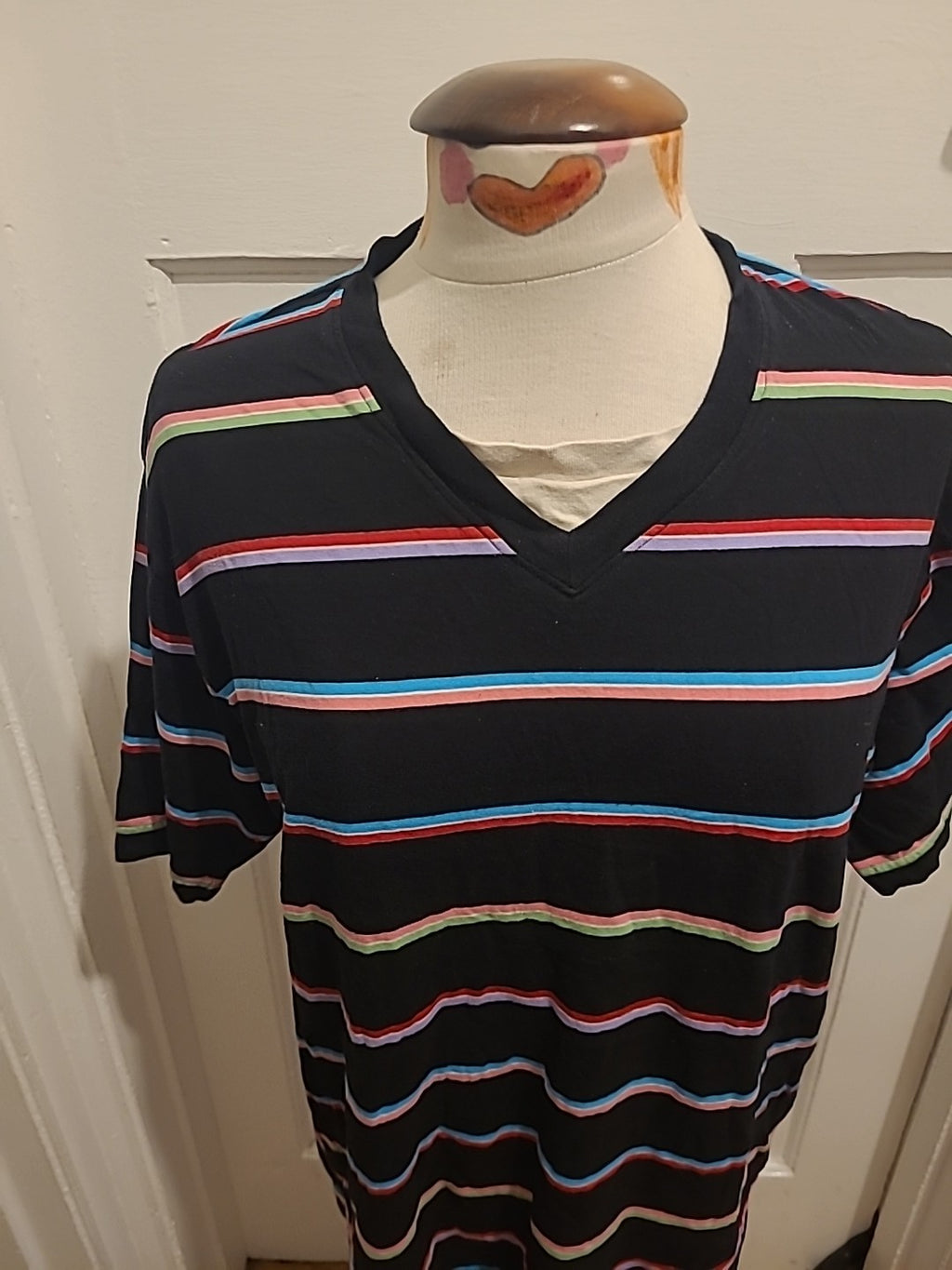 Mens Marks And Spencer Size M Black Multi Striped Short Sleeved Pyjama Top