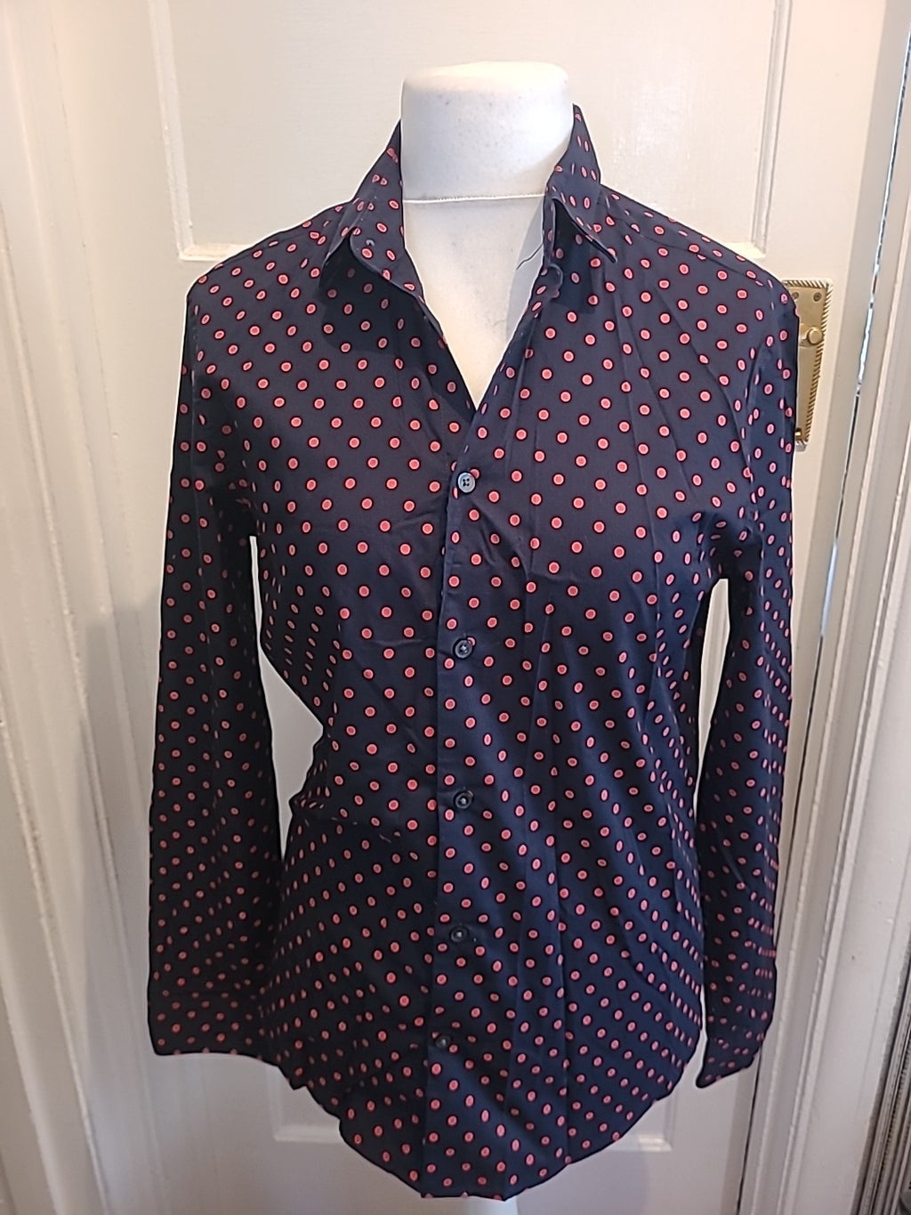 Mens H&M Size Medium Black And Red Spotted Slim Fit Shirt