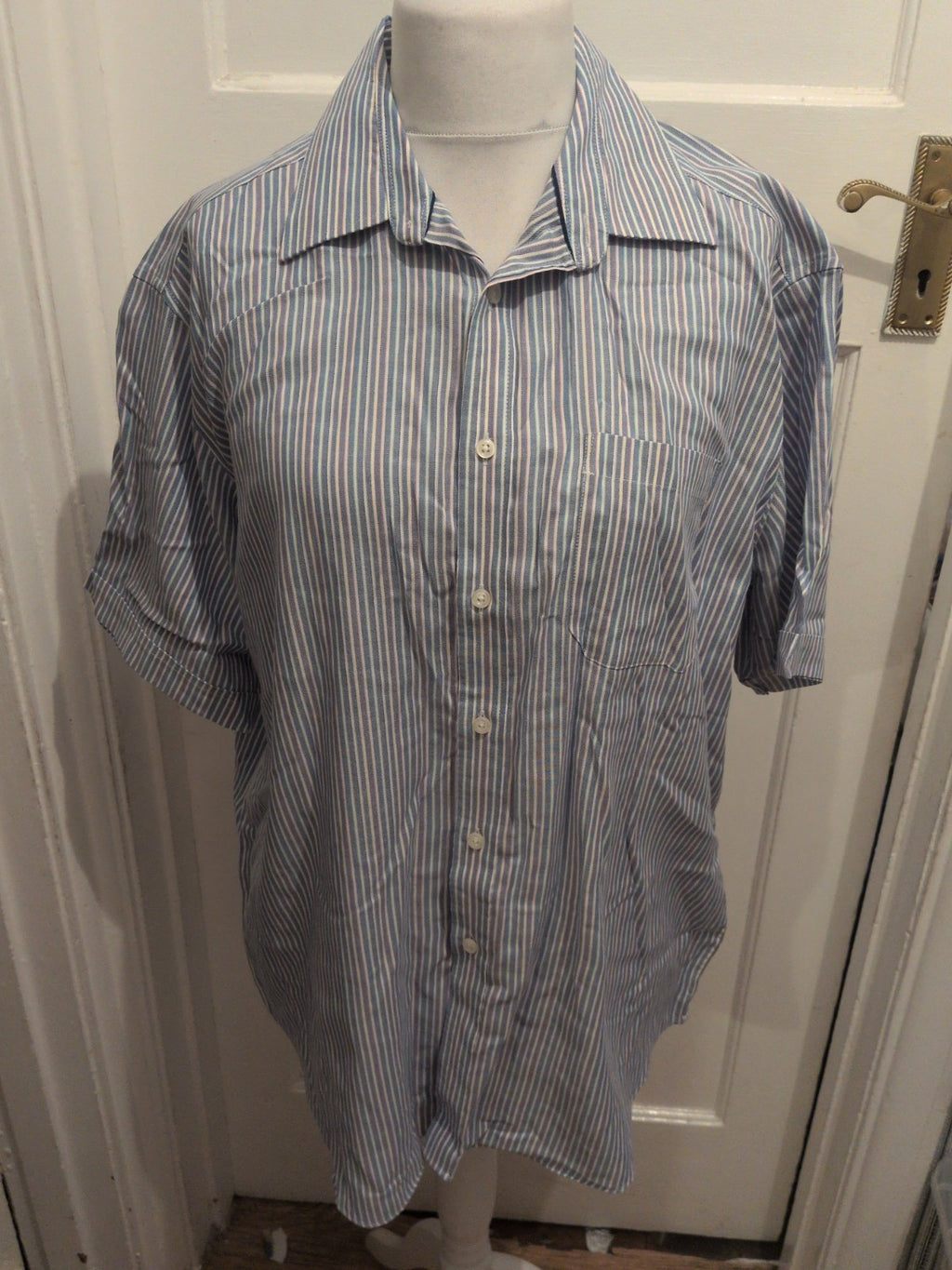 M&S Collection 17 Pure Cotton Performance Blue Stripe Short Sleeve Shirt