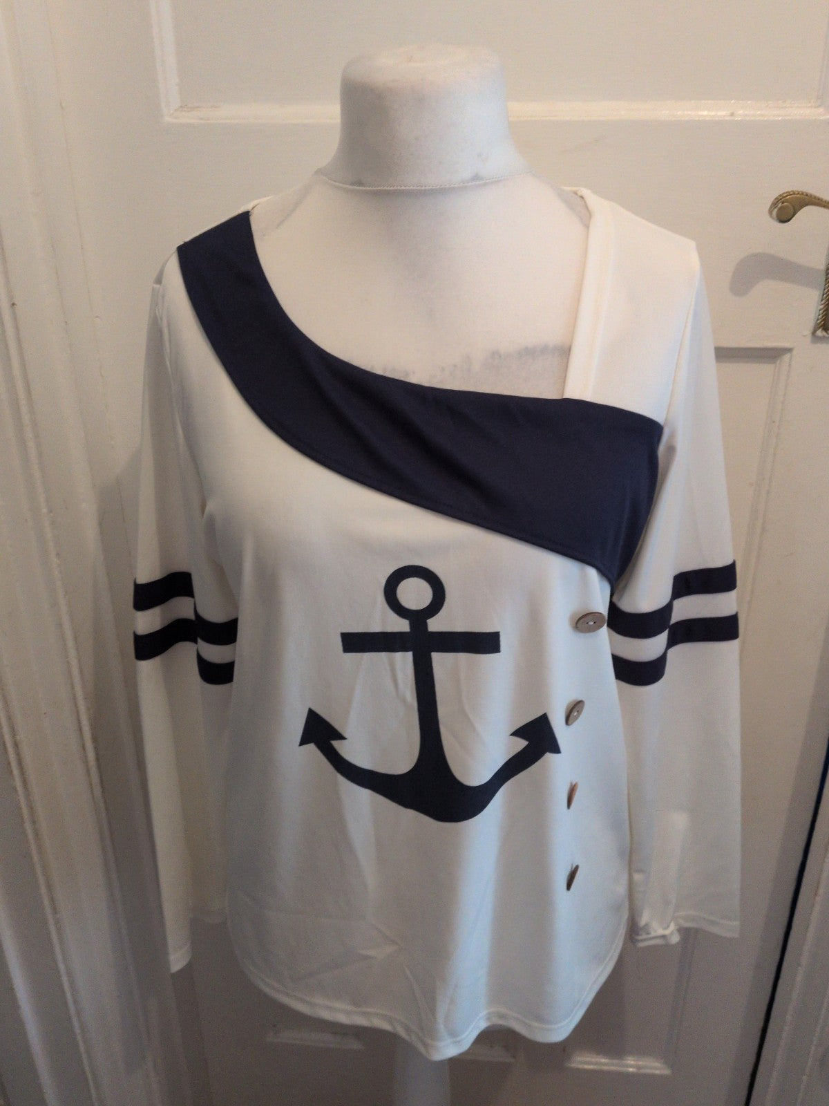 Ladies XL White And Navy Anchor Long Sleeve T-shirt
