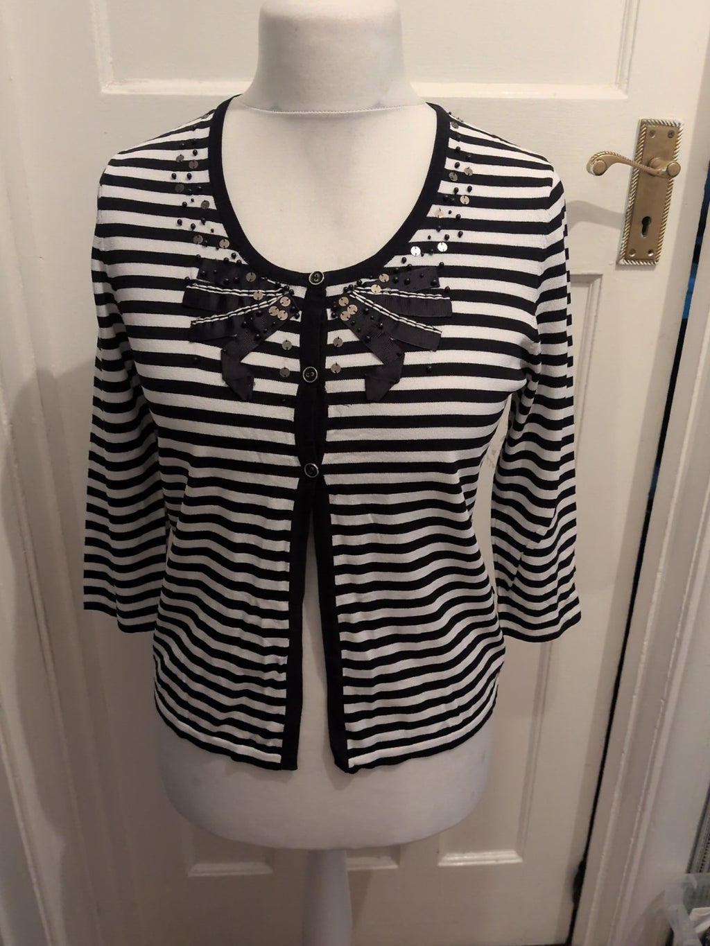 Gerry Weber 12 Navy And White Striped Buttoned Sequin Blouse