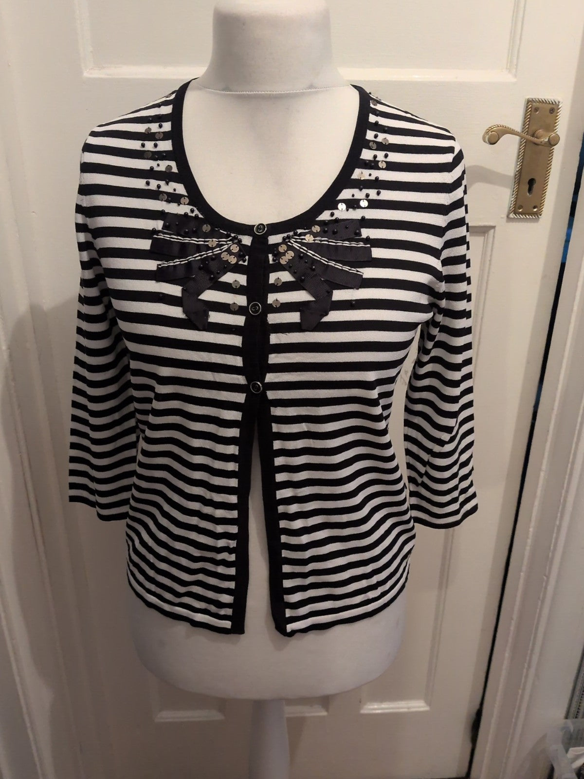 Gerry Weber 12 Navy And White Striped Buttoned Sequin Blouse