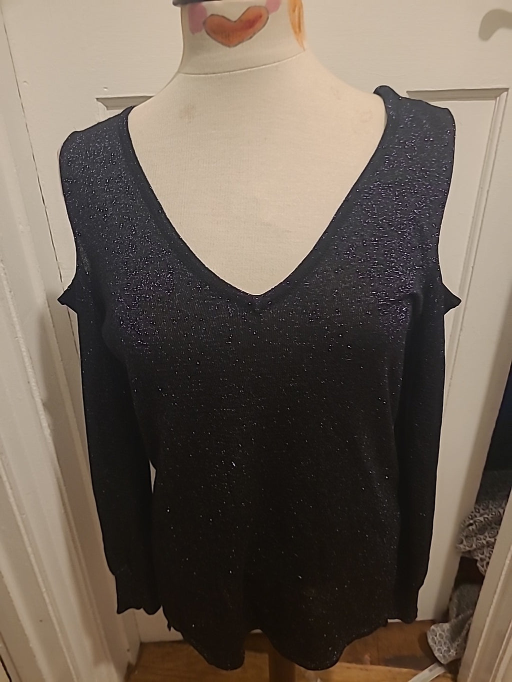 Ladies Peacocks Size 10 Black Shimmer Open Shoulder Blouse