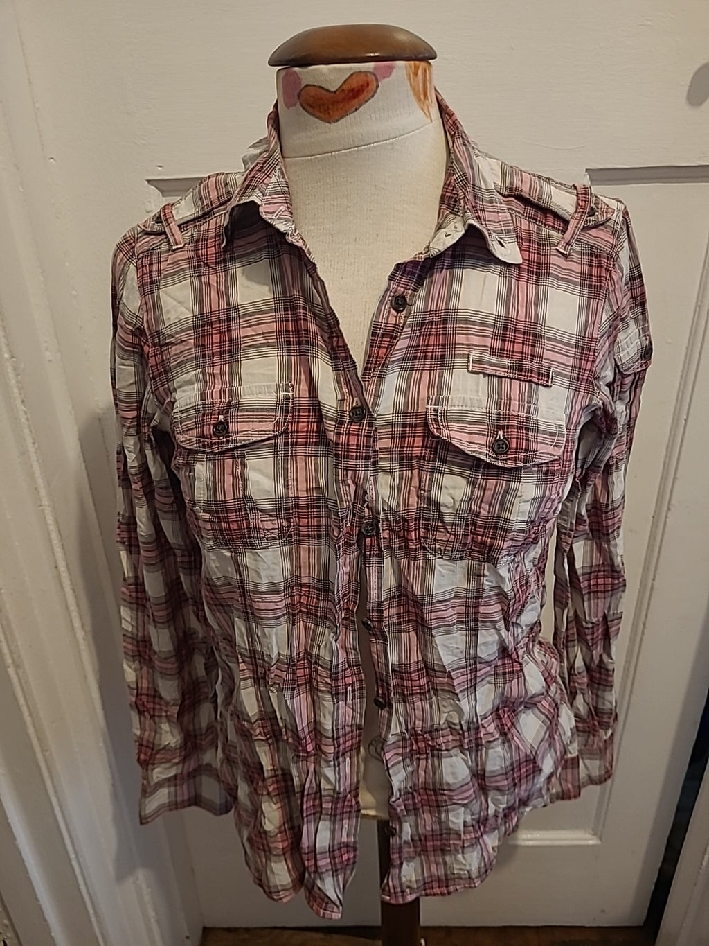 Ladies Gap Medium White Pink Check Long Sleeve Blouse