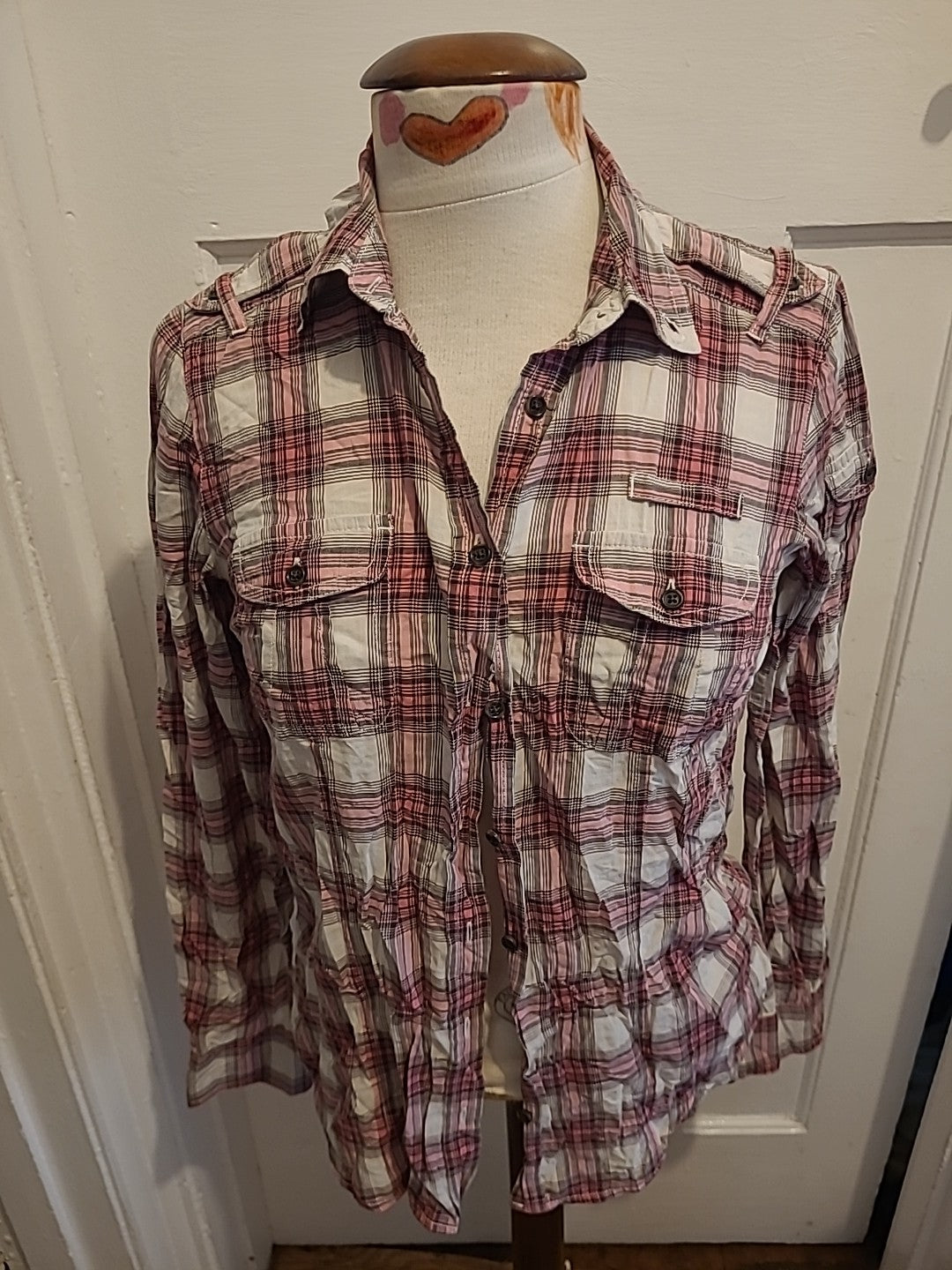 Ladies Gap Medium White Pink Check Long Sleeve Blouse