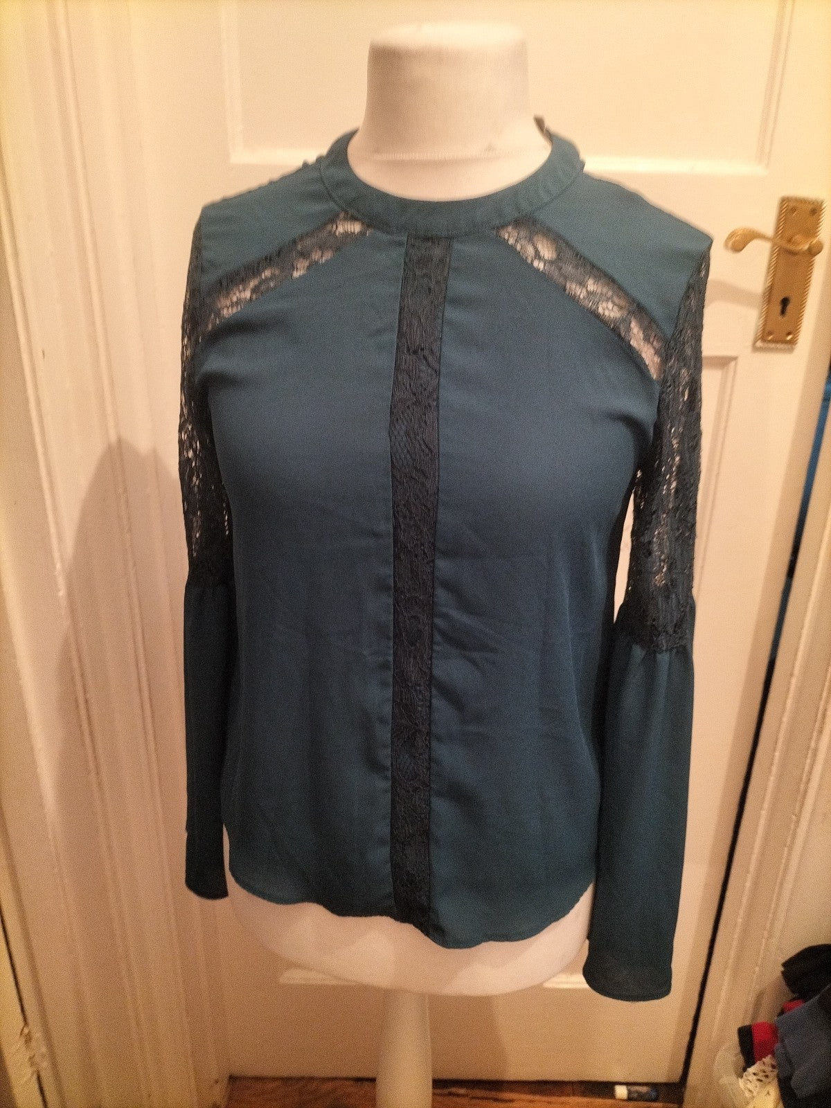 Primark 10 Dark Teal Lacey Flute Sleeve Blouse