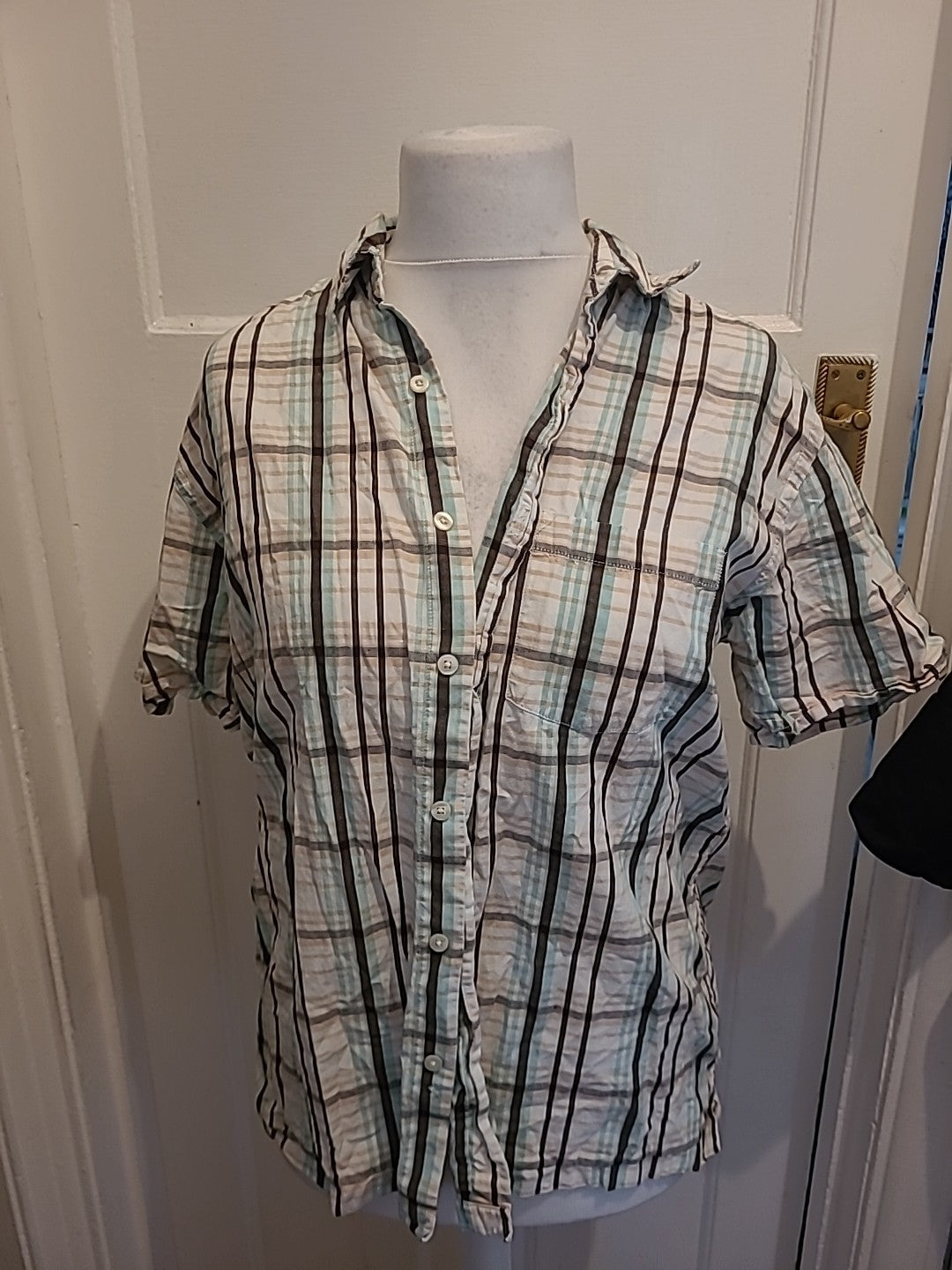 Mens Cedarwood State Size L Beige/Aqua Check Short Sleeved Shirt