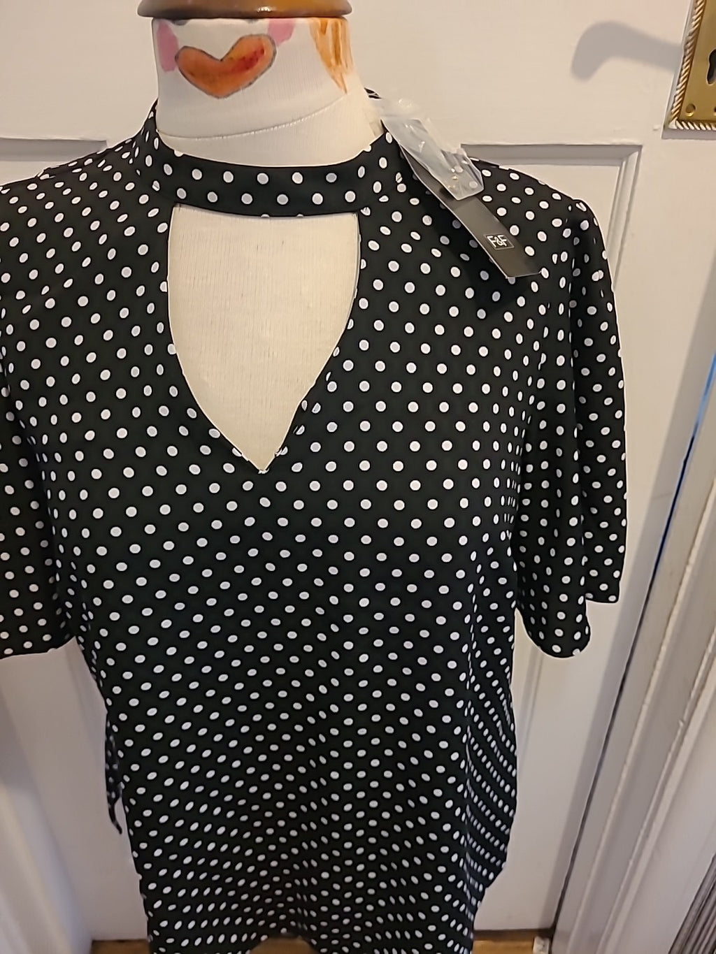Brand New Ladies F&F Size 10 Navy White Spotted Short Sleeved Blouse