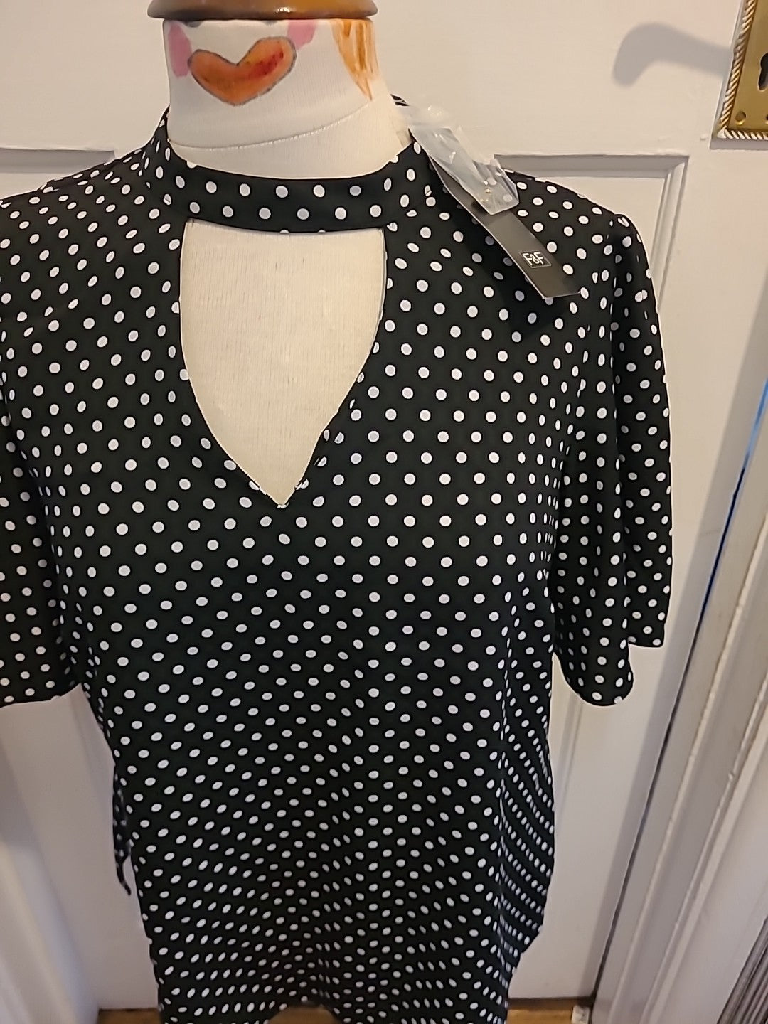 Brand New Ladies F&F Size 10 Navy White Spotted Short Sleeved Blouse