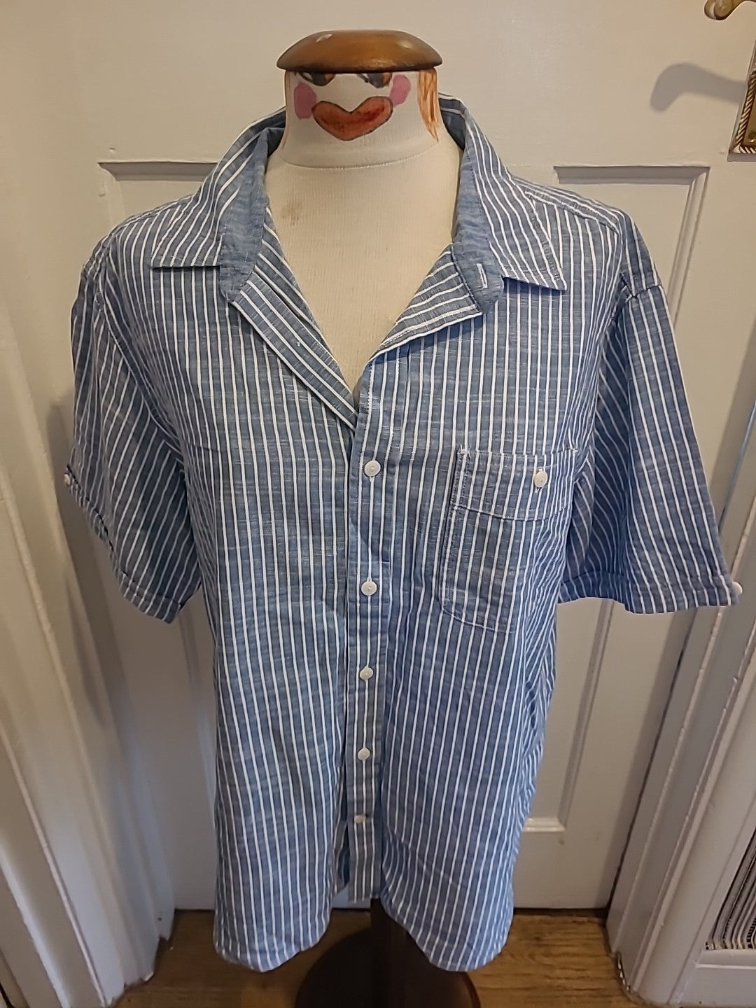 Mens Marks And Spencer Size Large Blue White Striped Cotton Slub Short...