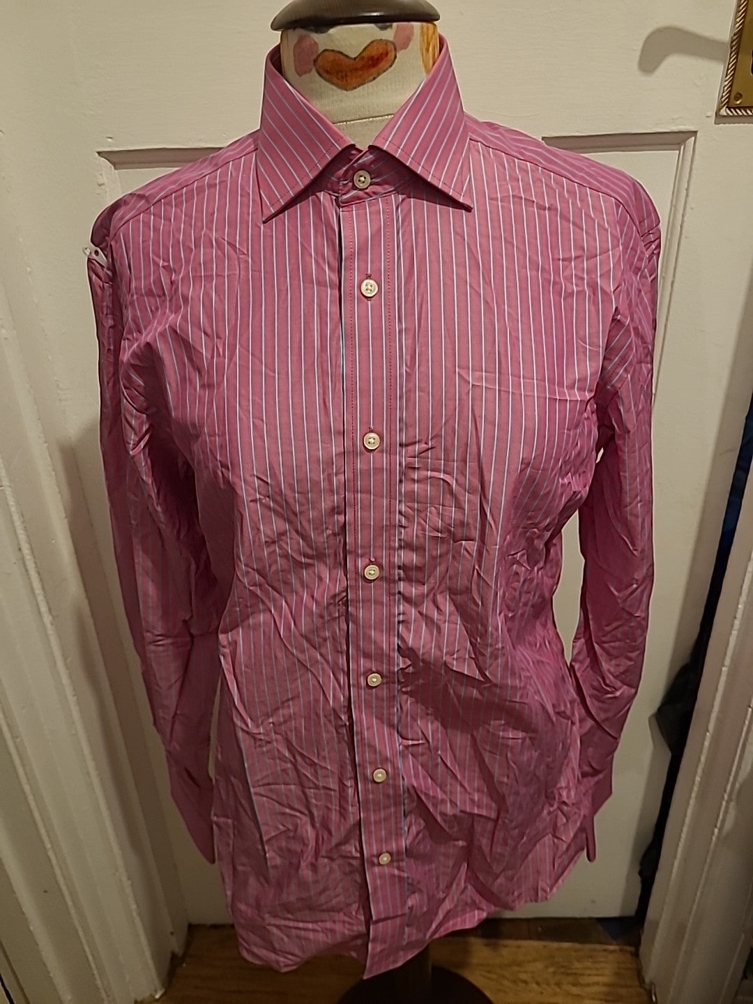 Mens Next Size 15" Pink Blue Striped Long Sleeved Shirt
