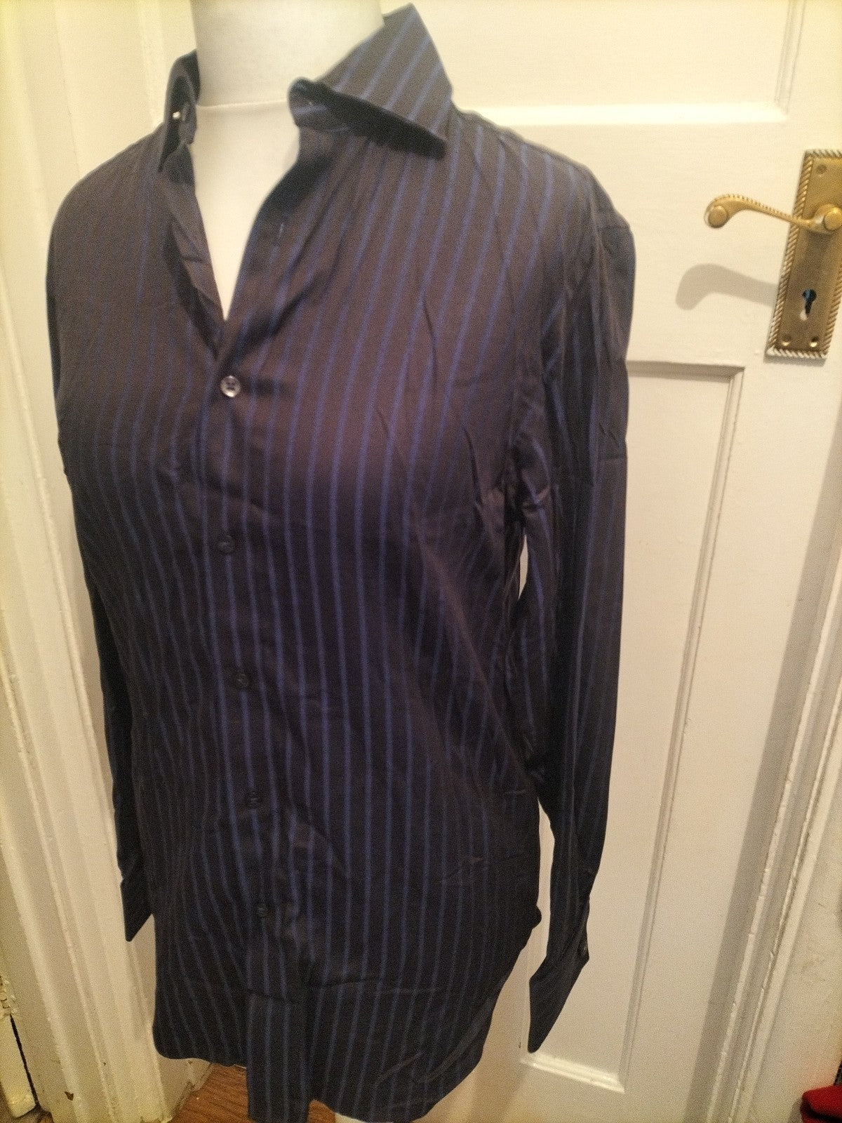 Mens St George By Duffer Size 15 Navy And Blue Striped Long Sleeve Shirt